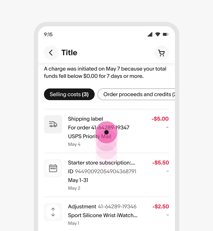 A ‘Transaction details’ page on the eBay mobile app showcasing overflow content on the top of the page.