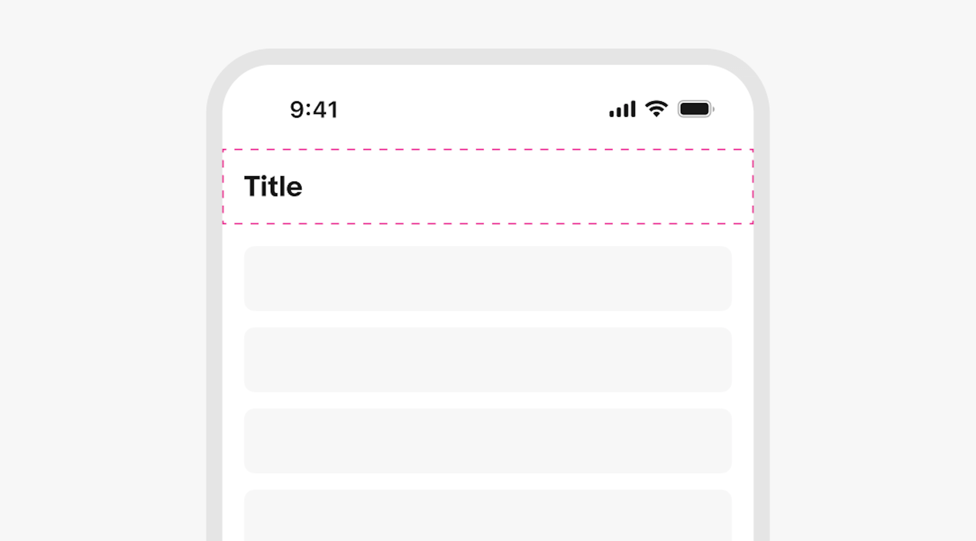 A stylized mobile screen with a top navigation bar with a dotted pink outline around the toolbar container.