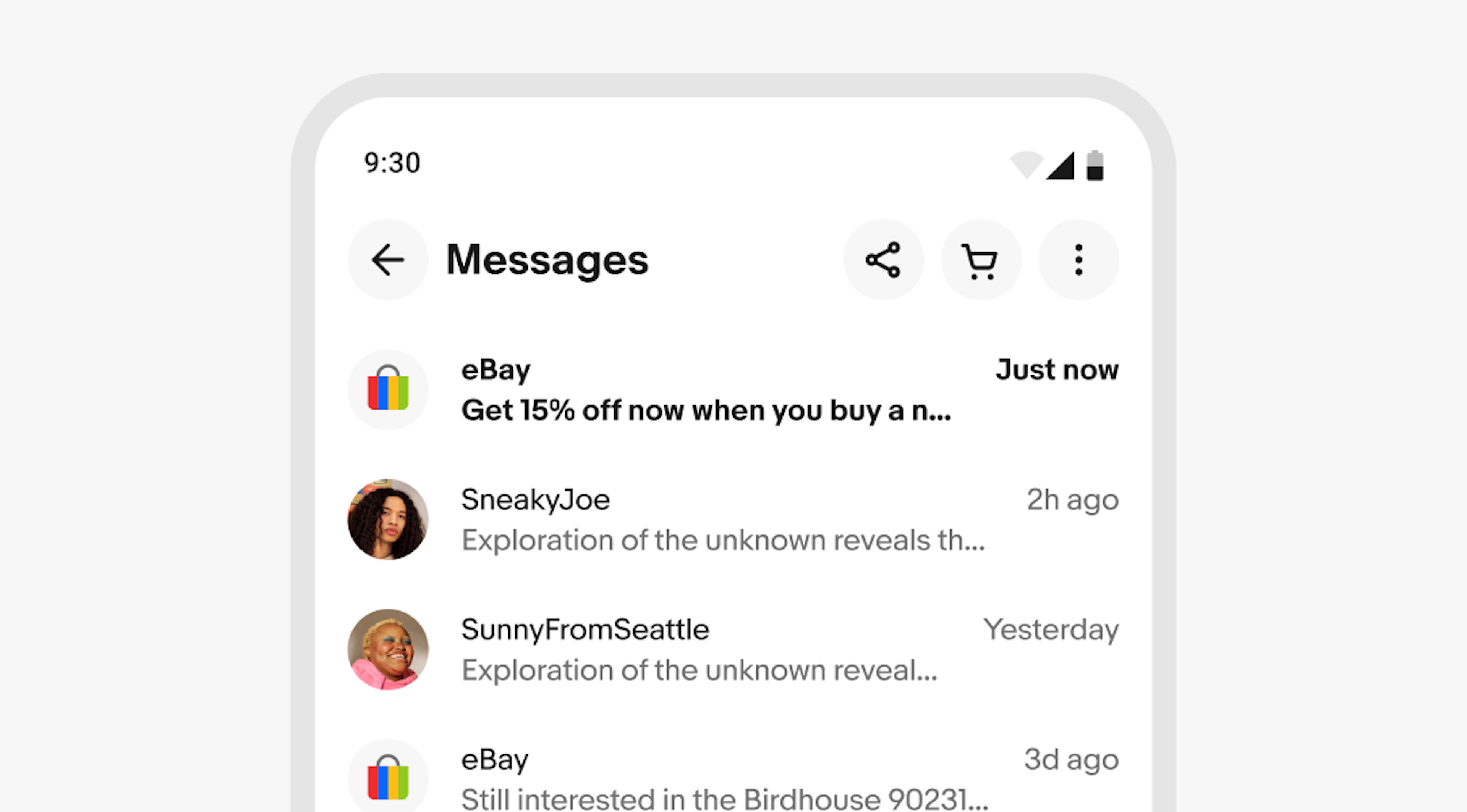 A stylized mobile screen with a top navigation bar titled “messages” with a list of messages.