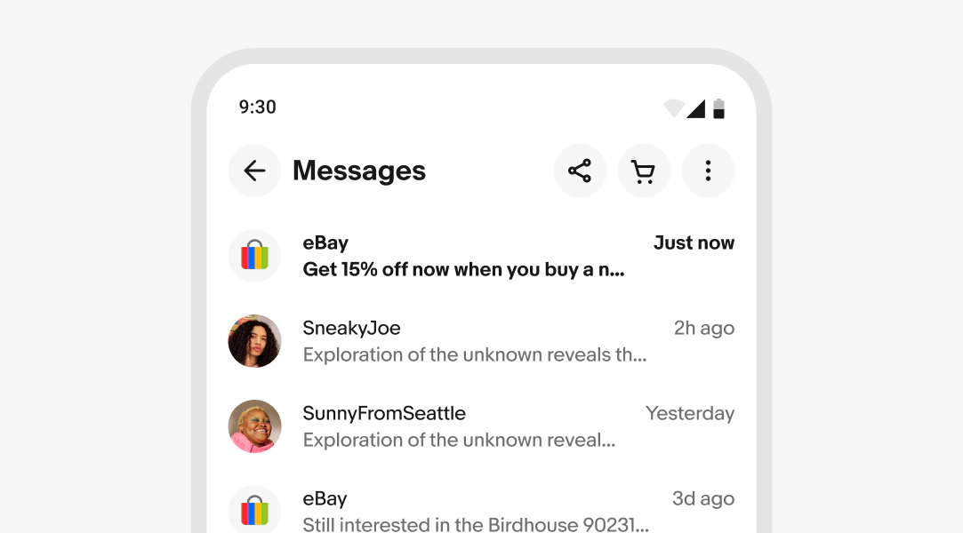 A stylized mobile screen with a top navigation bar titled “messages” with a list of messages.