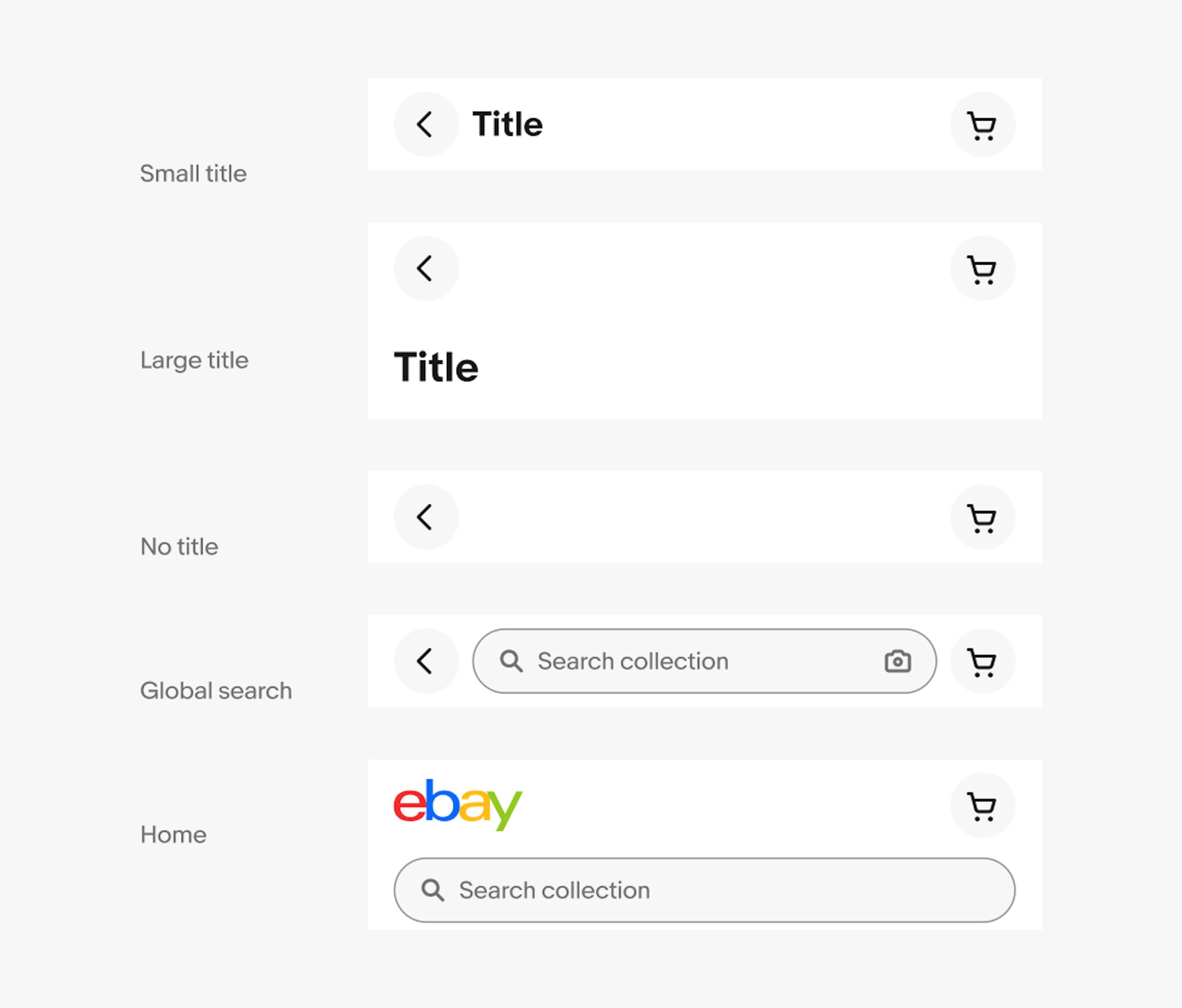Five unique layouts of top navigation toolbar: small title, large title, no title, global search, and home.