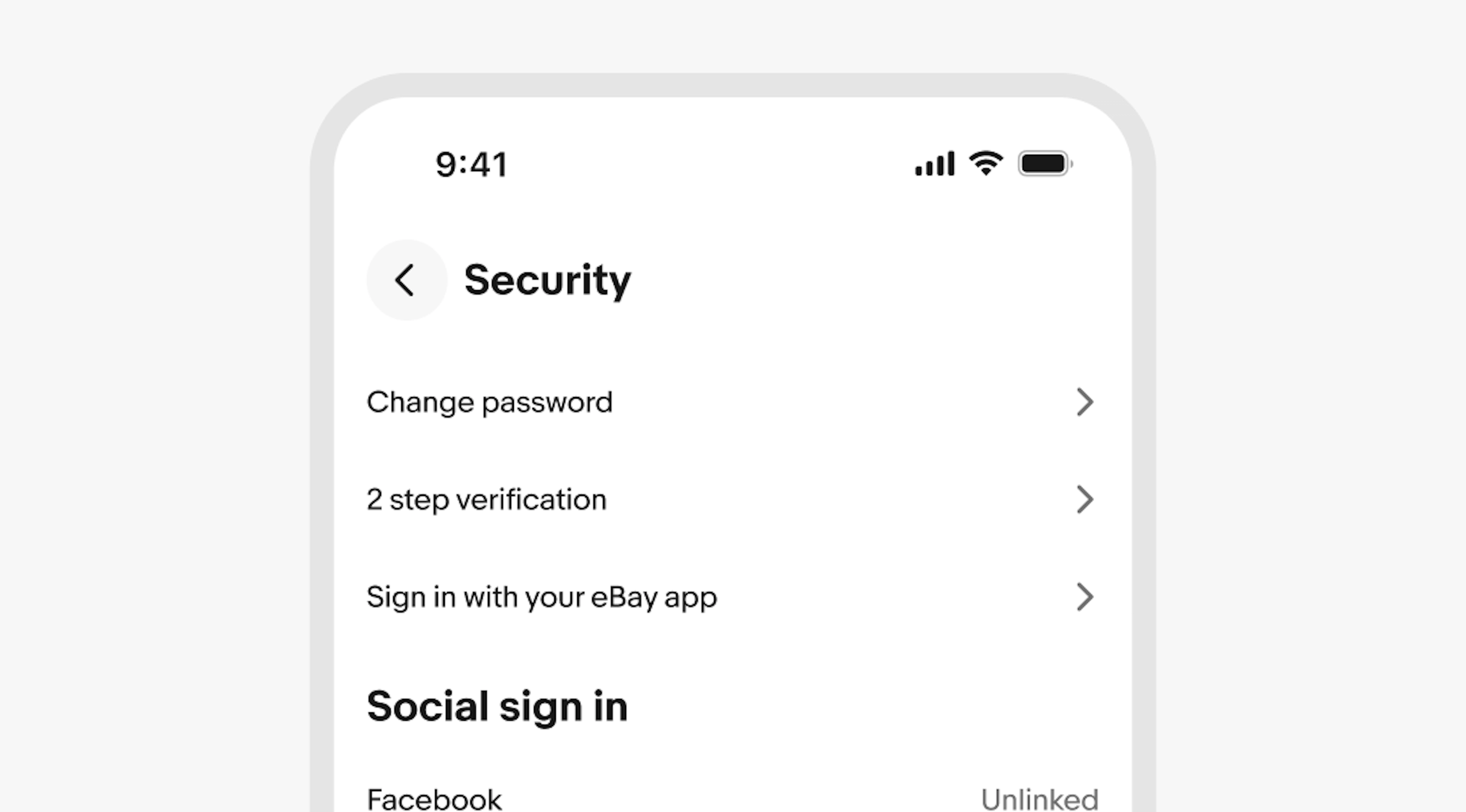 A stylized mobile screen with a top navigation bar titled “Security” and security content.