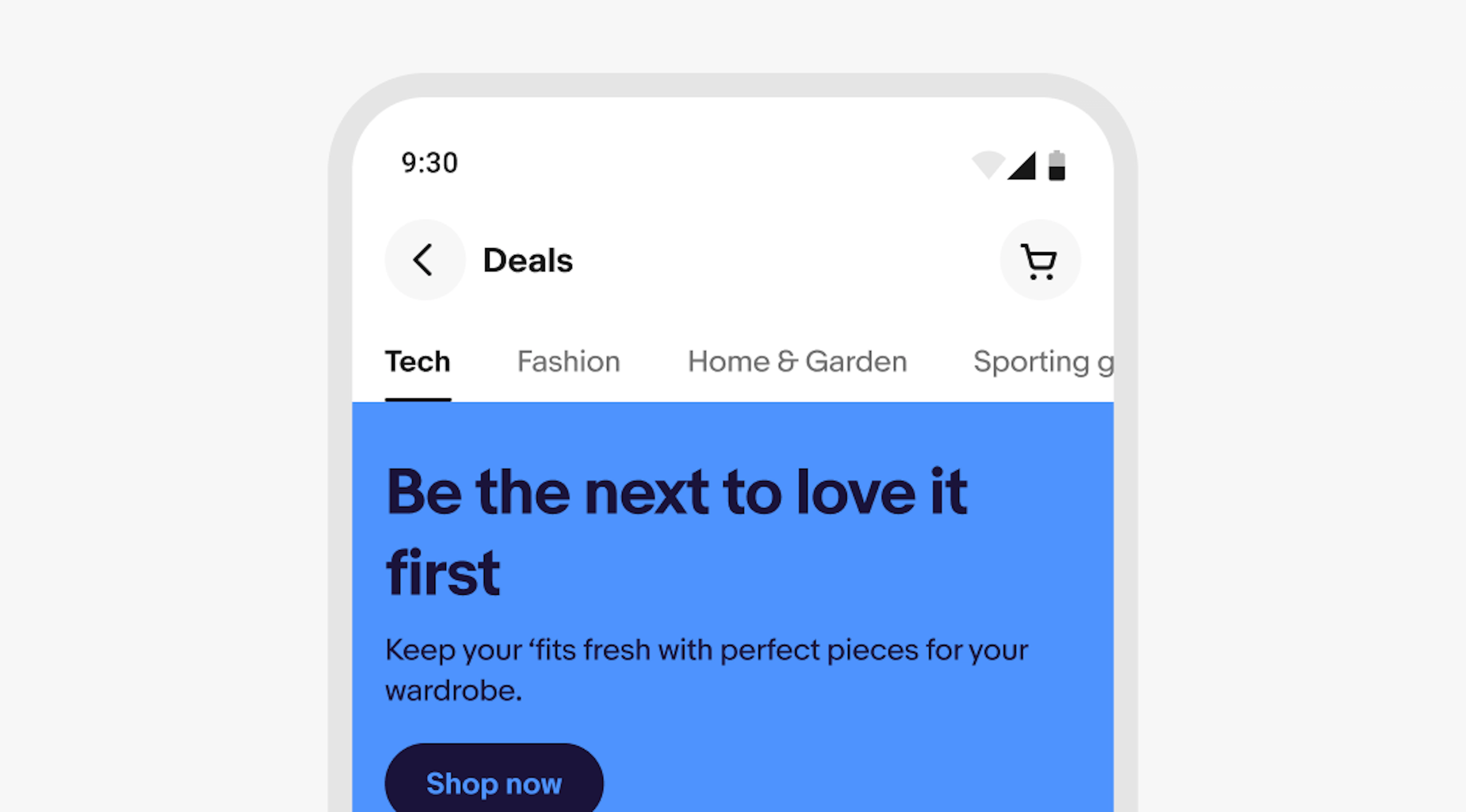 A stylized mobile screen with a top navigation bar titled “deals” with tabs and a marketing banner below.