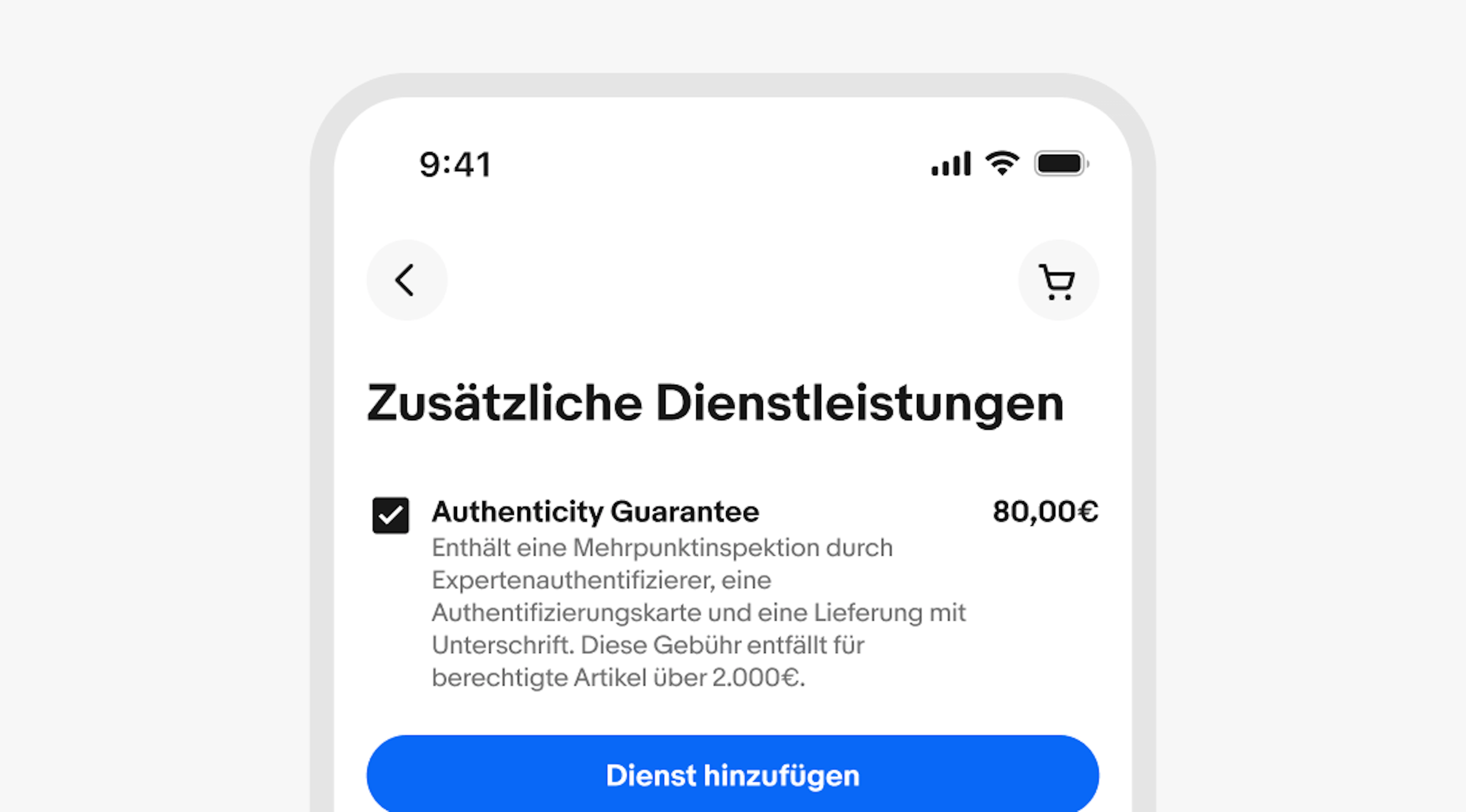 A stylized mobile screen with a top navigation bar with a long German title.
