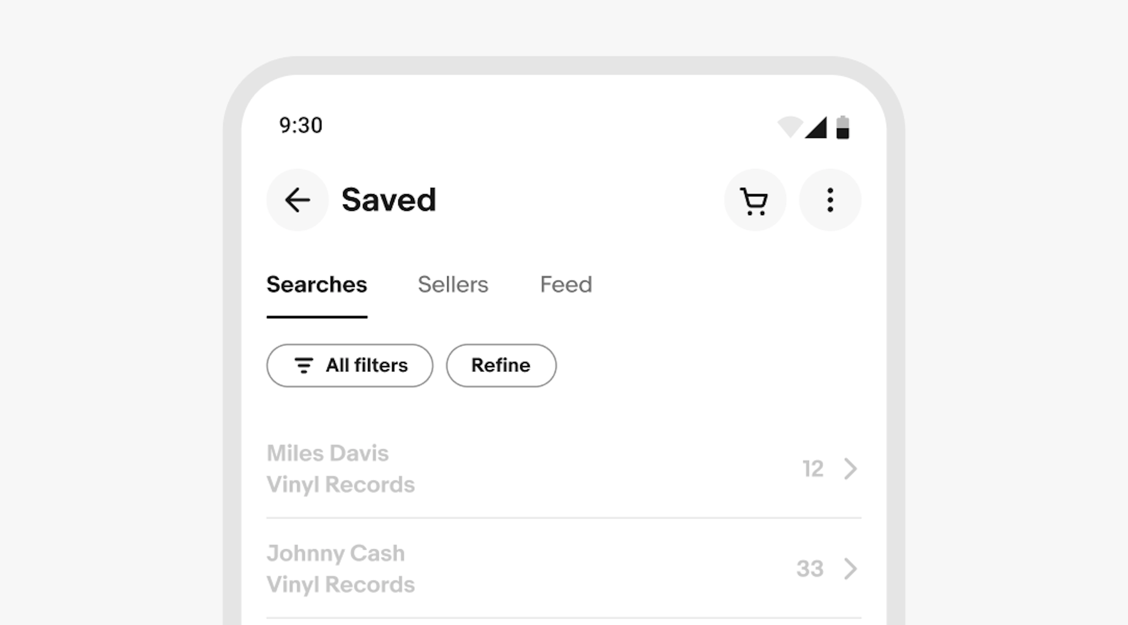 A stylized mobile screen with a top navigation bar titled “Saved” with tabs and page content.