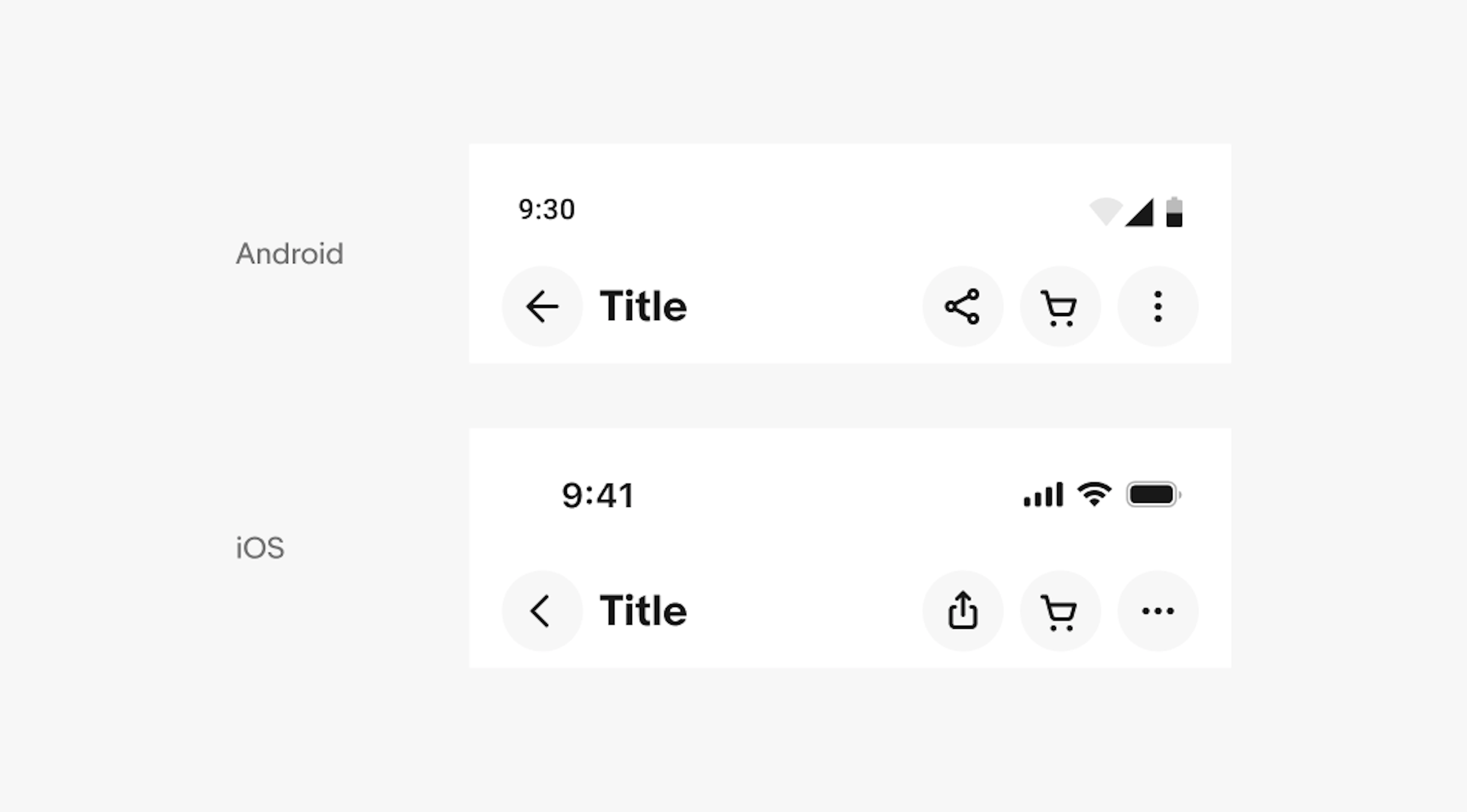 Two navigation bars—one for Android and one for iOS—showing the differences between the back button, overflow button, and share button icons.