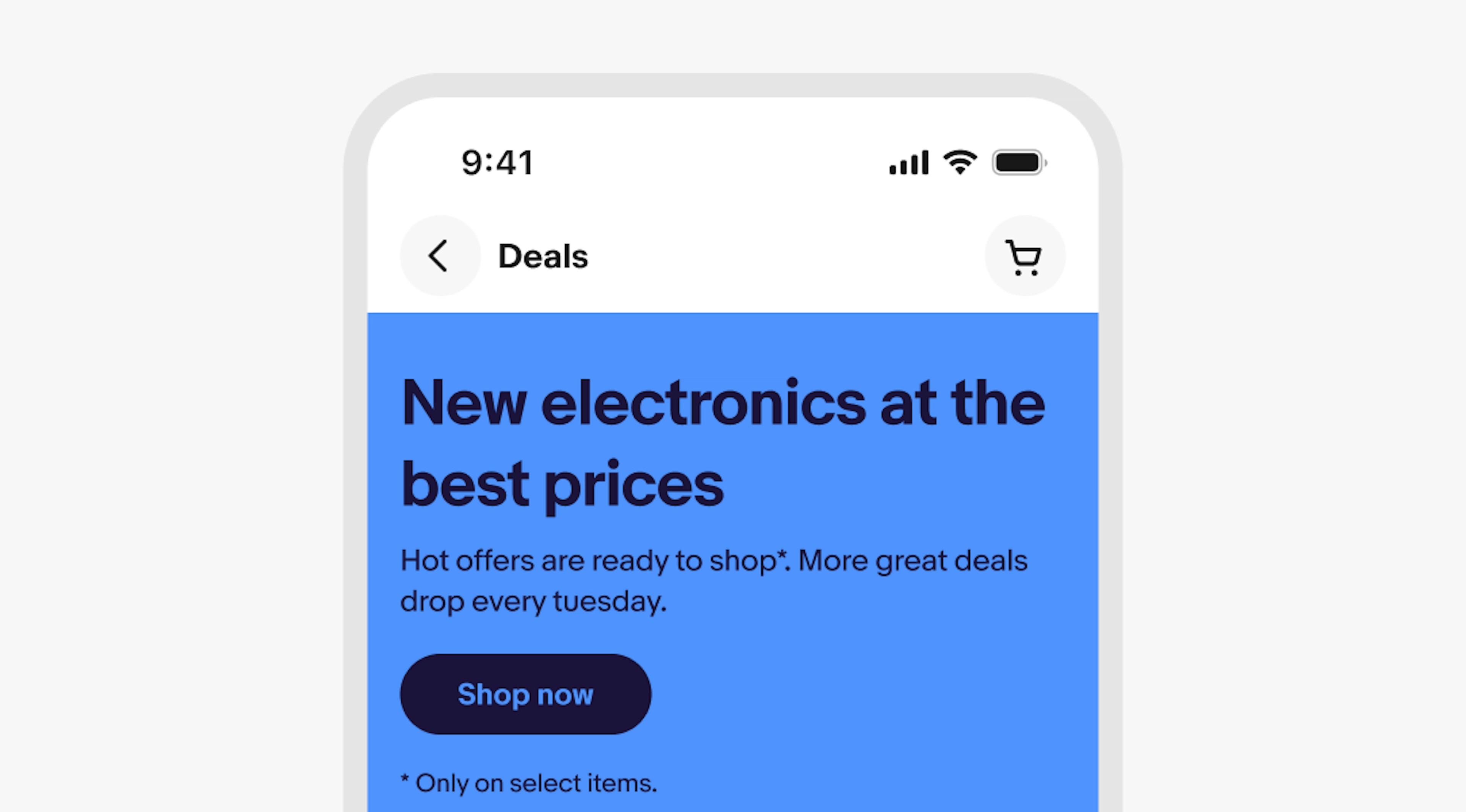 A stylized mobile screen with a top navigation bar titled “deals” with tabs and a marketing banner below.