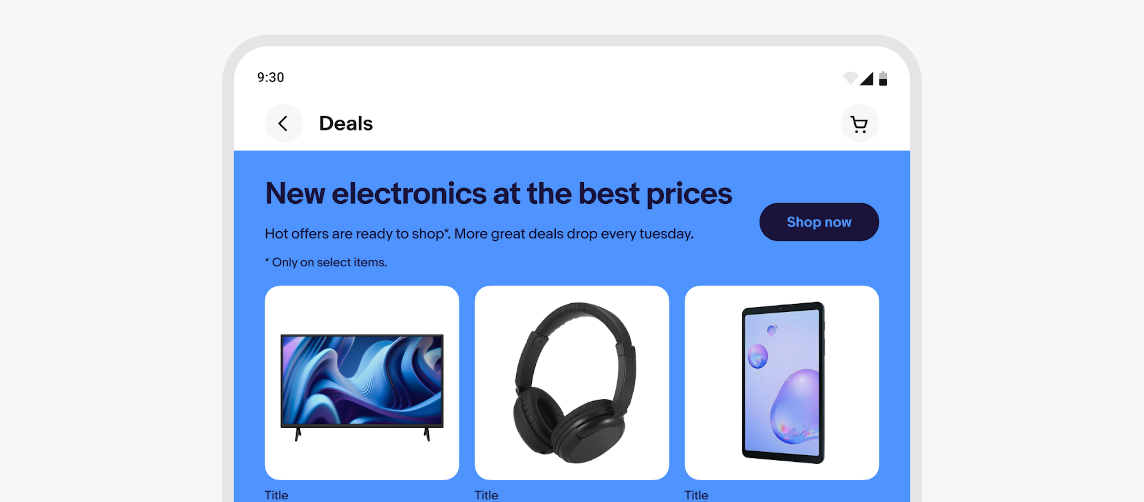 A stylized tablet screen with a top navigation bar titled “deals” with tabs and a marketing banner below.