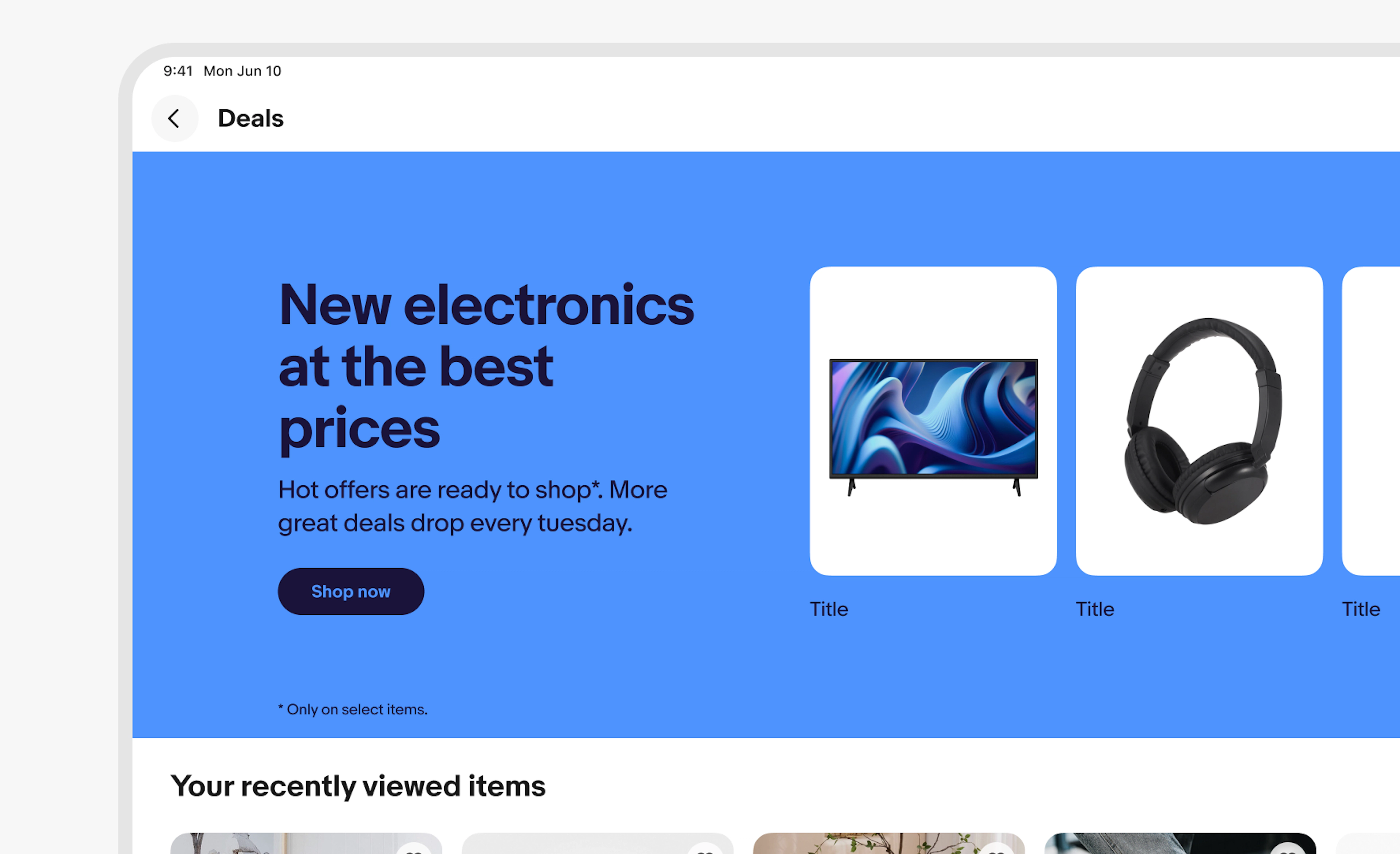 A stylized large screen with a top navigation bar titled “deals” with tabs and a marketing banner below.