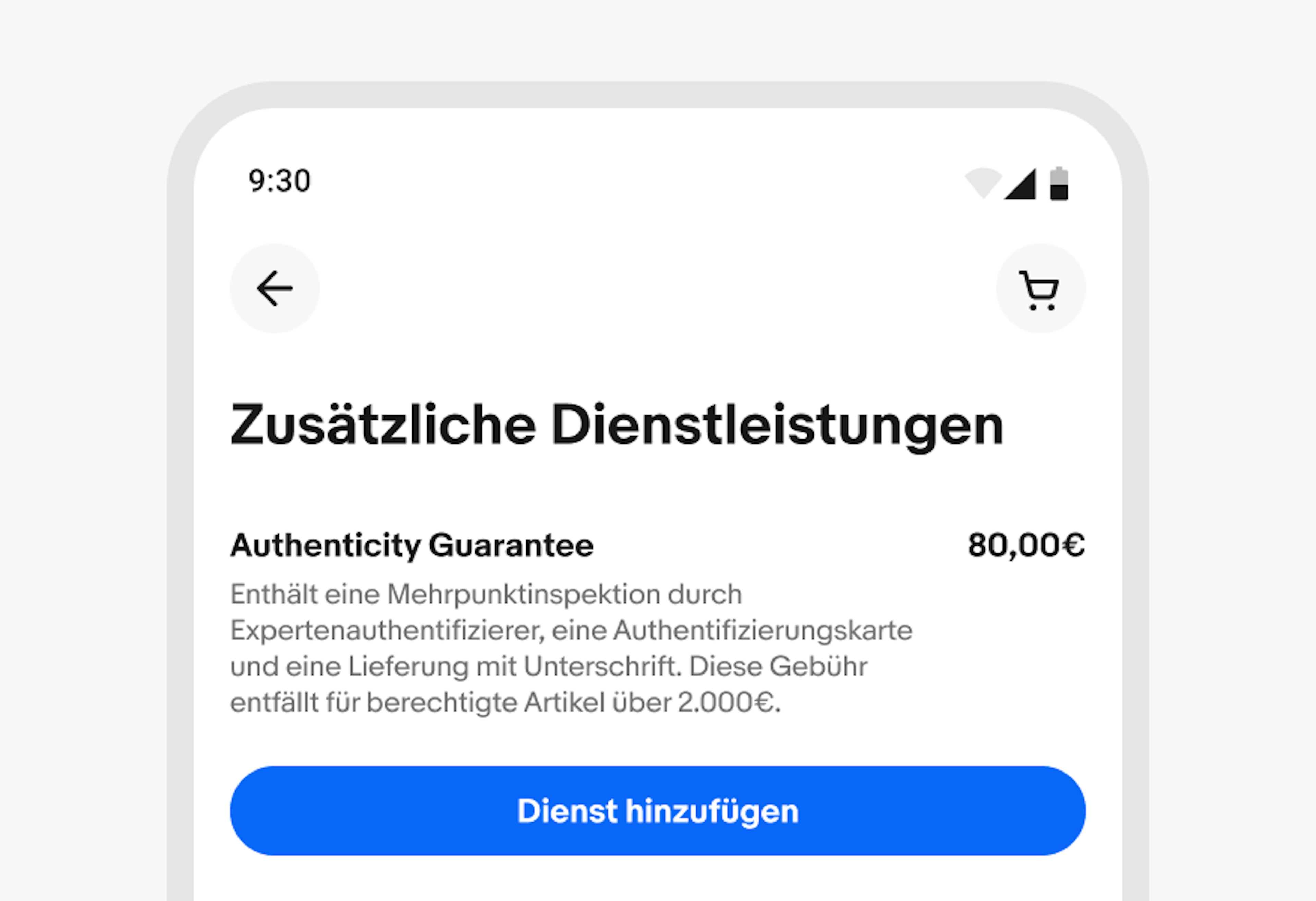 A stylized mobile screen with a top navigation bar with a long German title.