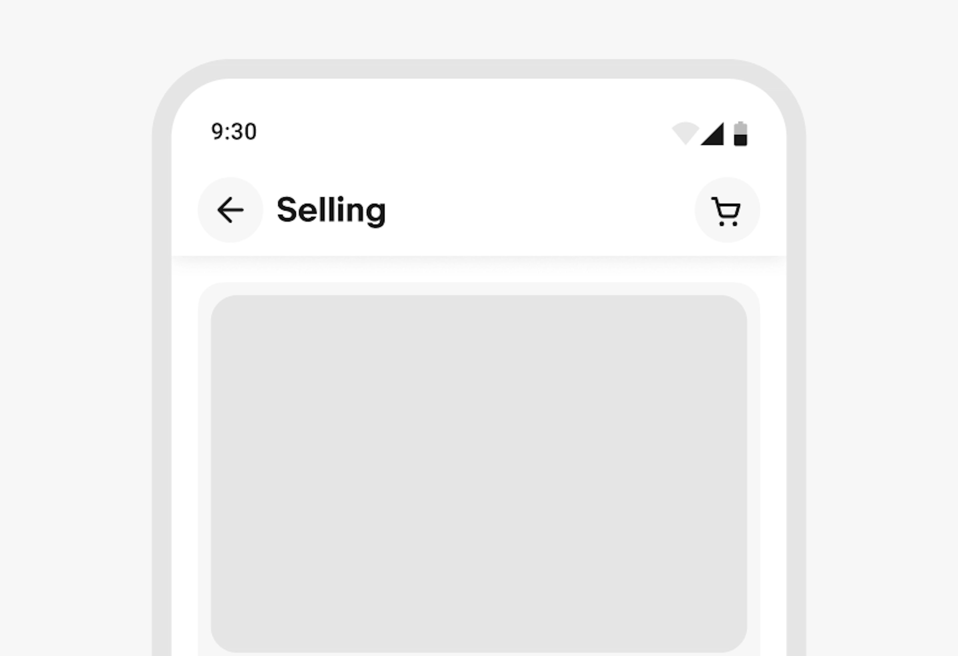 A stylized mobile screen with a top navigation bar titled “Selling”.