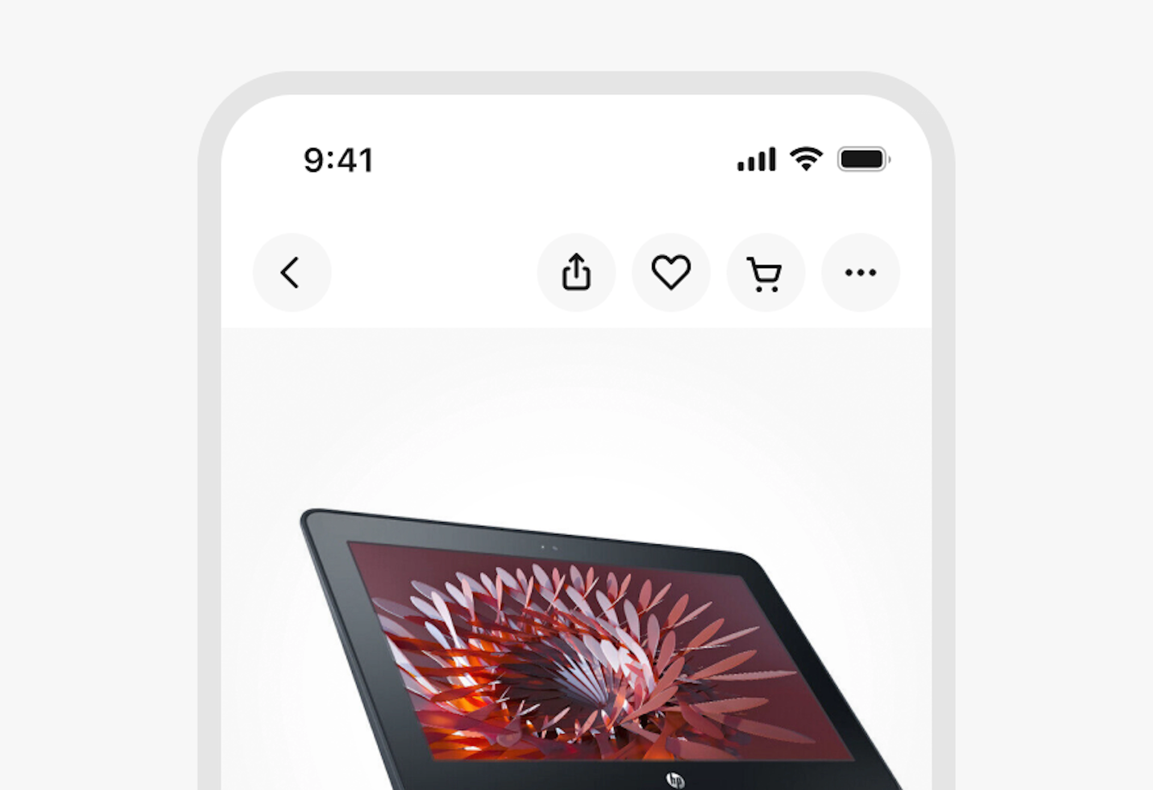 A stylized mobile screen with a top navigation bar including three icon buttons and the overflow menu button