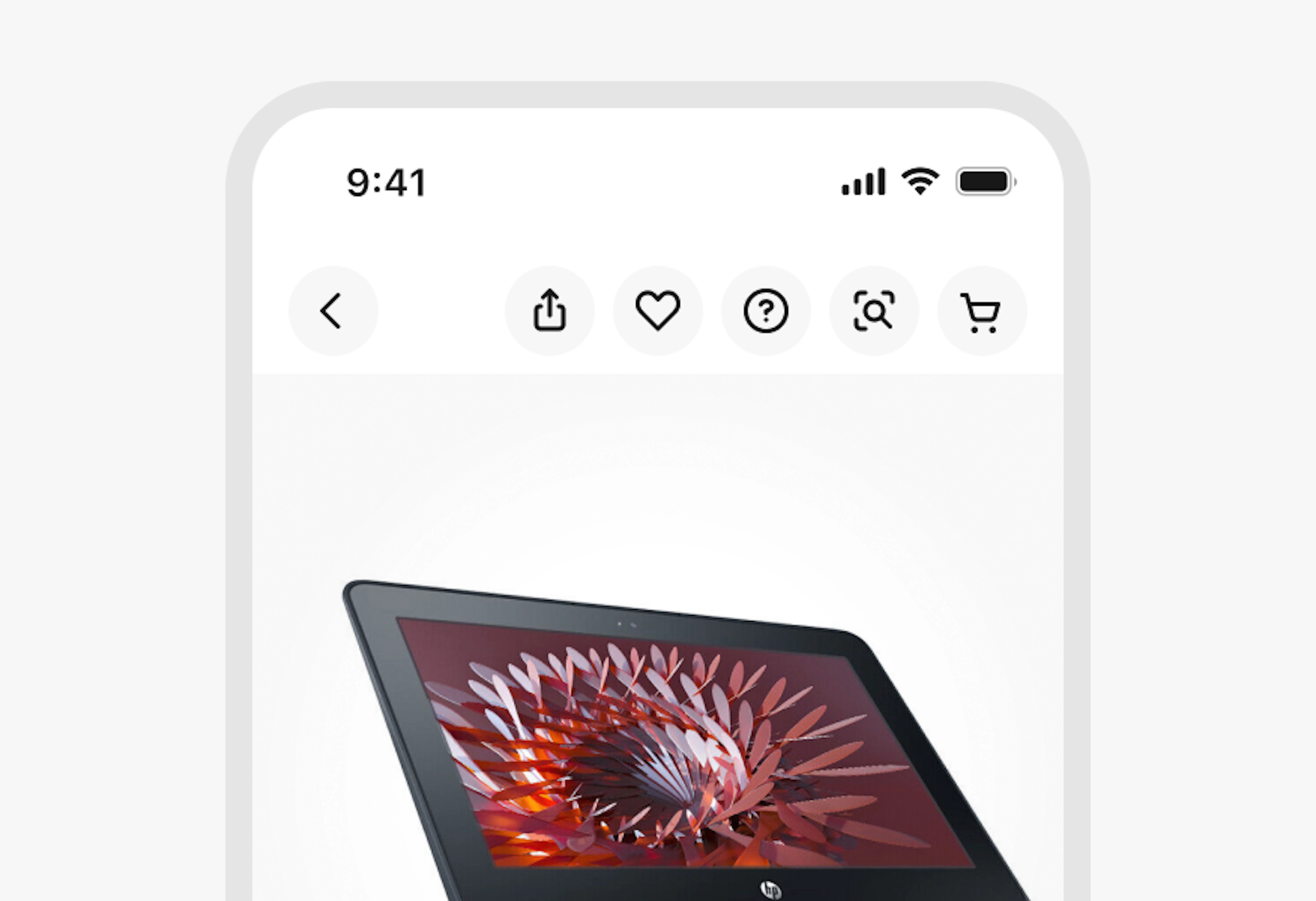 A stylized mobile screen with a top navigation bar including five icon buttons 