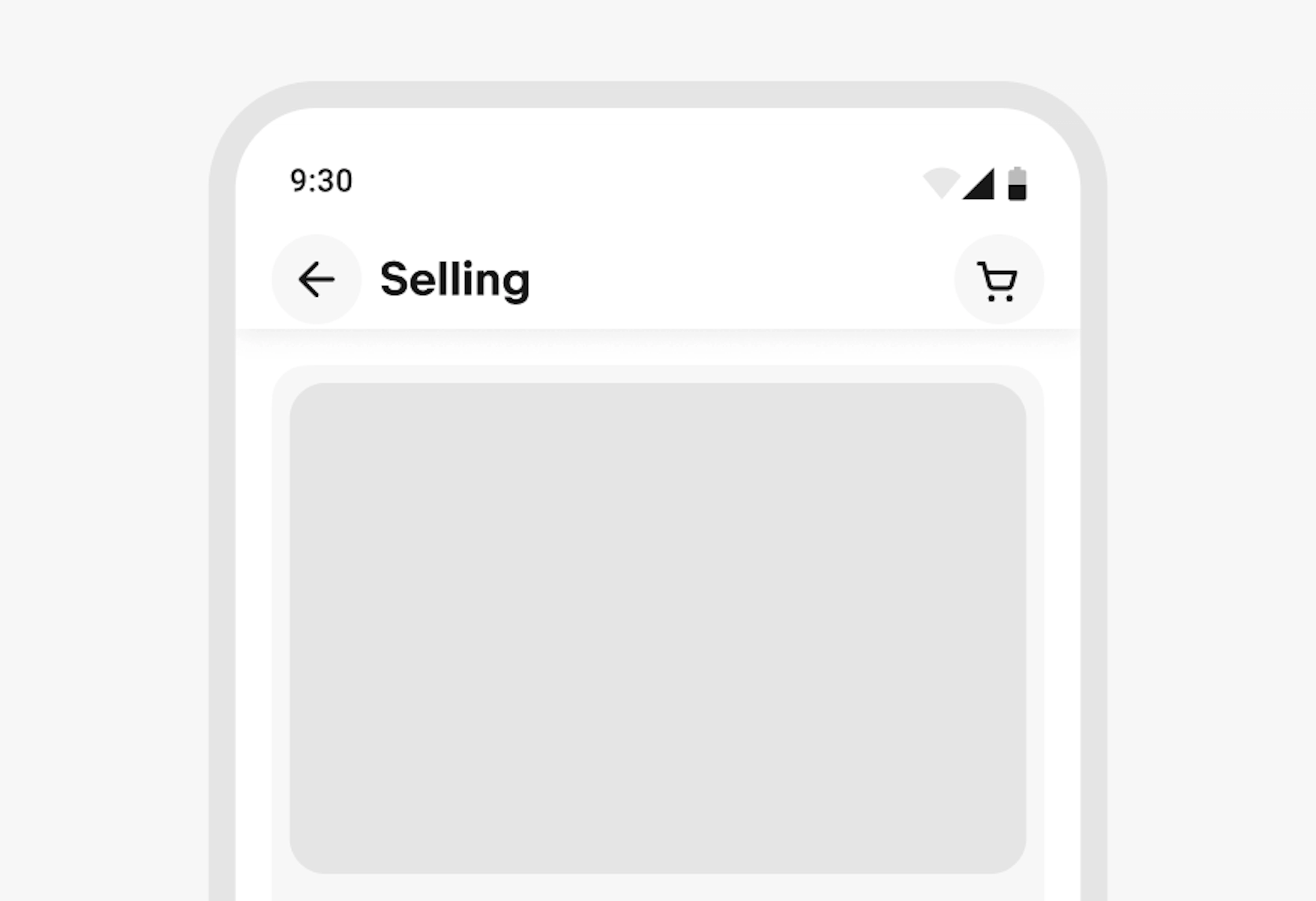 A stylized mobile screen with a top navigation bar titled “Selling” with decreased padding.