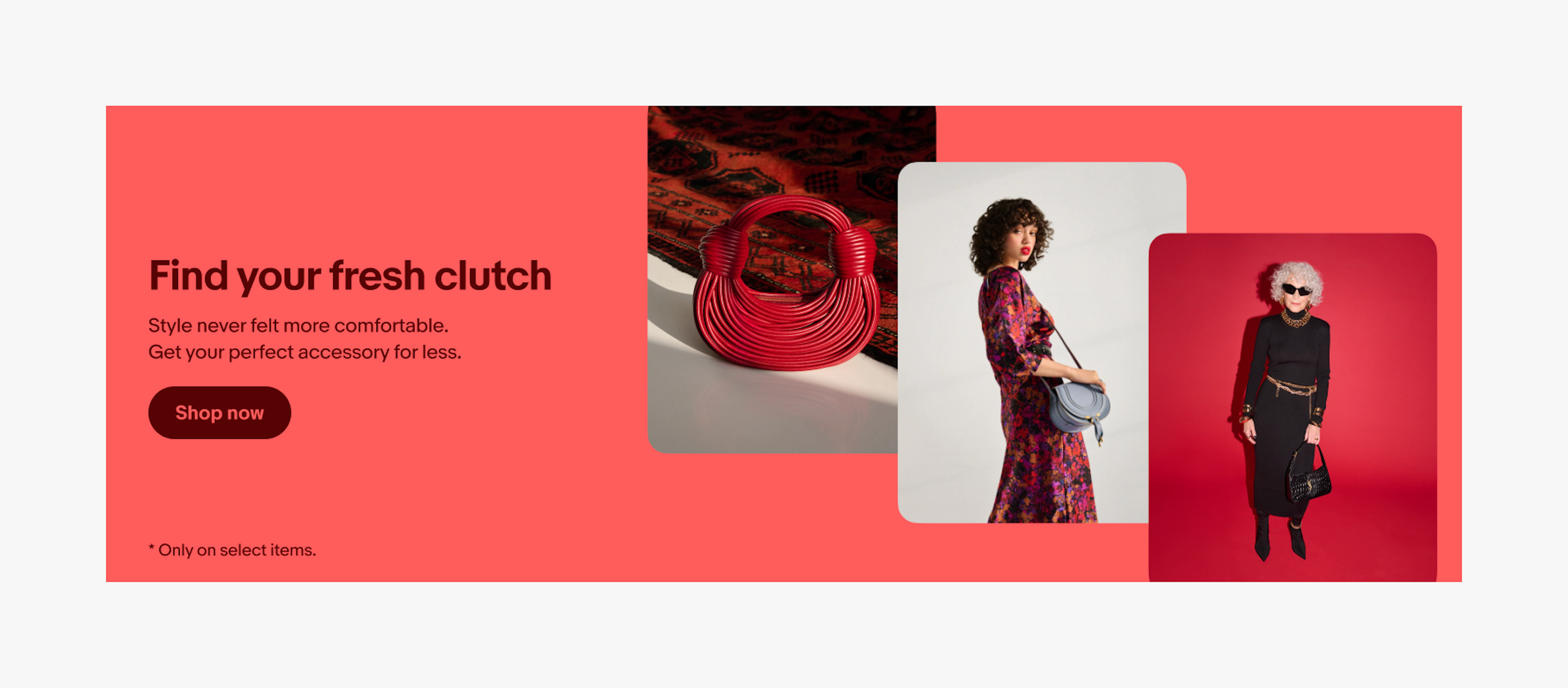 Banner with a solid coral background and dark coral text centered vertically on the left. A stack of 3 image cards about purses and fashion sit on the right.