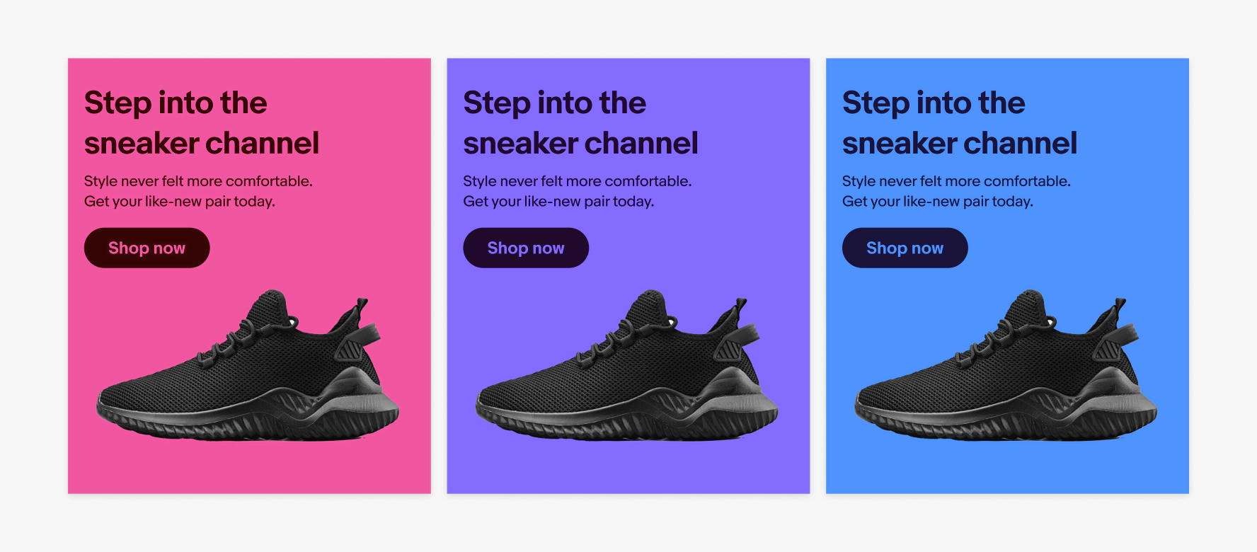 3 different banners each with a different color theme. The first has a pink background with dark pink text. The second has a purple background with dark purple text. The third has a blue background with dark blue text.