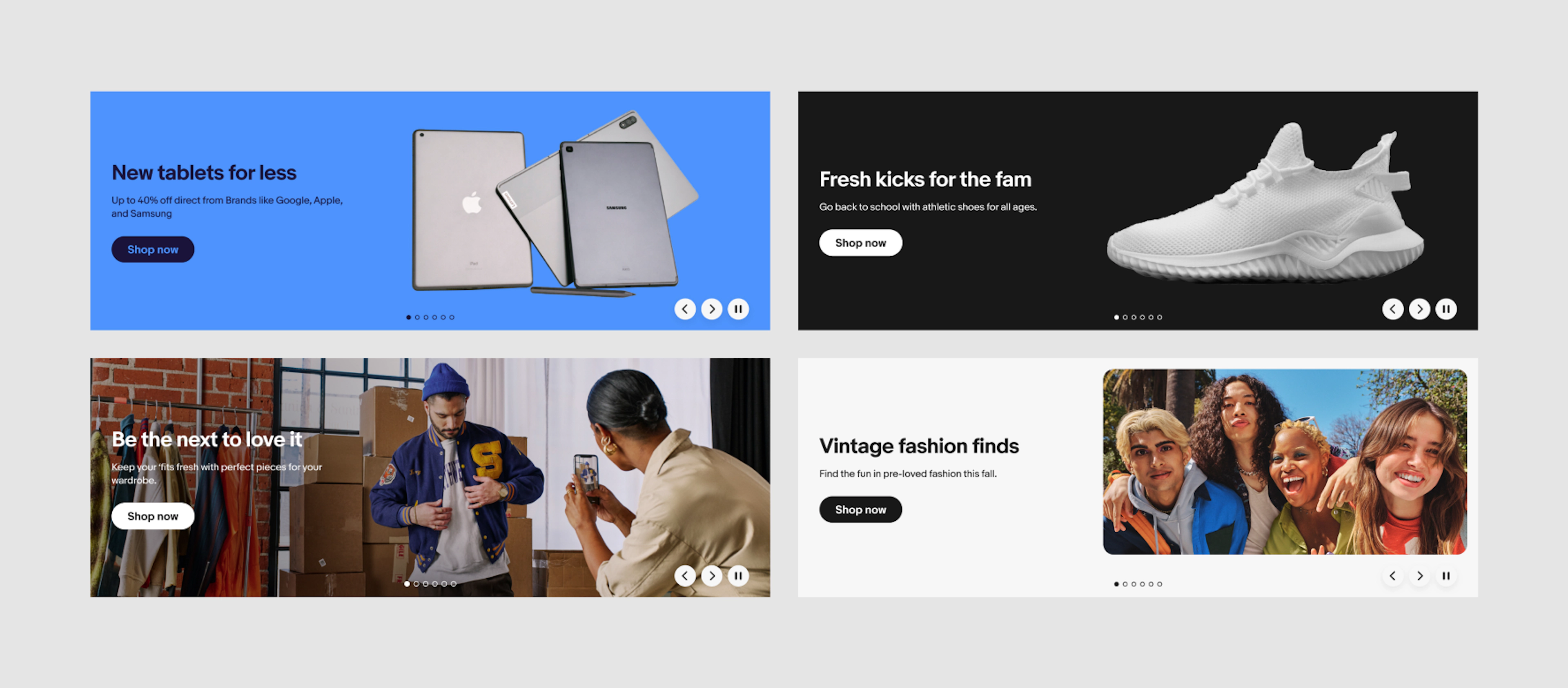Examples of how banner controls look on 4 different background colors. Blue banners get Dark blue carousel indicatos, black banners get white indicator, image background gets white indicator, and light gray background gets black indicator. All banners have 90% white control buttons.