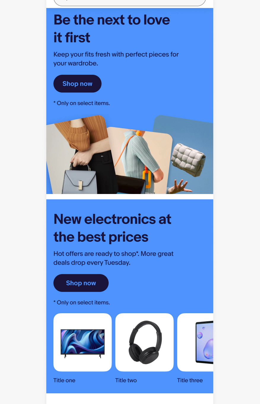 Mobile eBay page with a bright coral and bright blue banner stacked on top of each other at the top of the page.