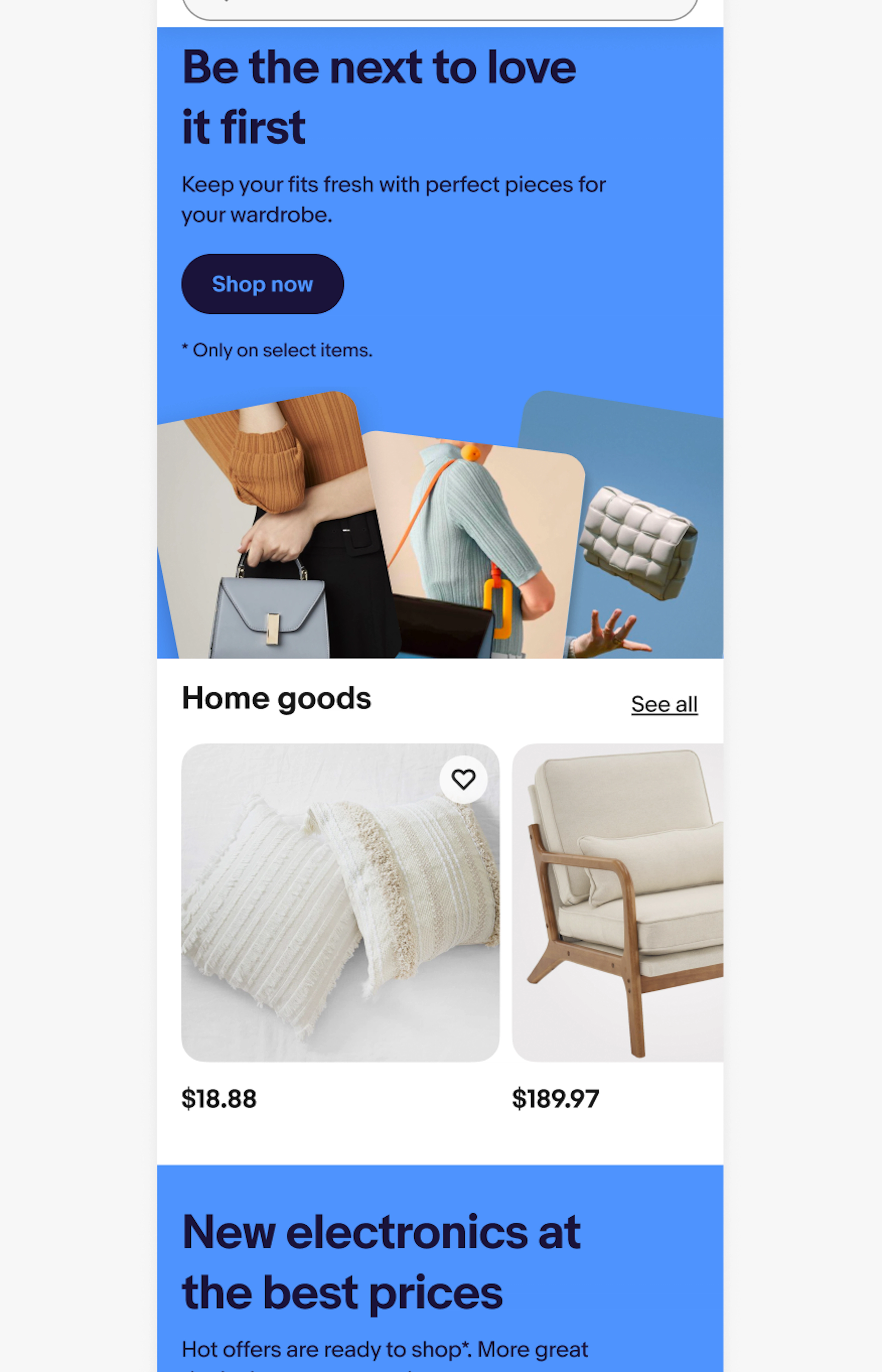 Mobile eBay page with a bright coral and bright blue banner separated by a carousel of products titled, “home goods” in between them. 