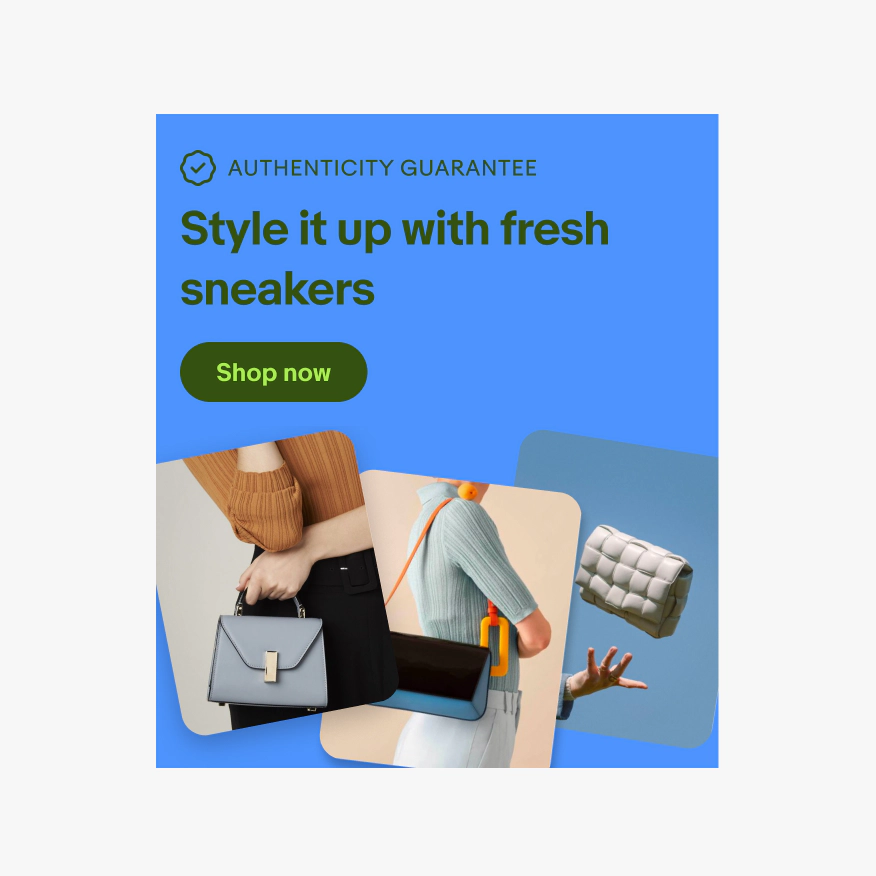 Coral banner with a checkmark icon and “Authenticity Guarantee” in text next to it as the first line at the top. A title, button and image follow.