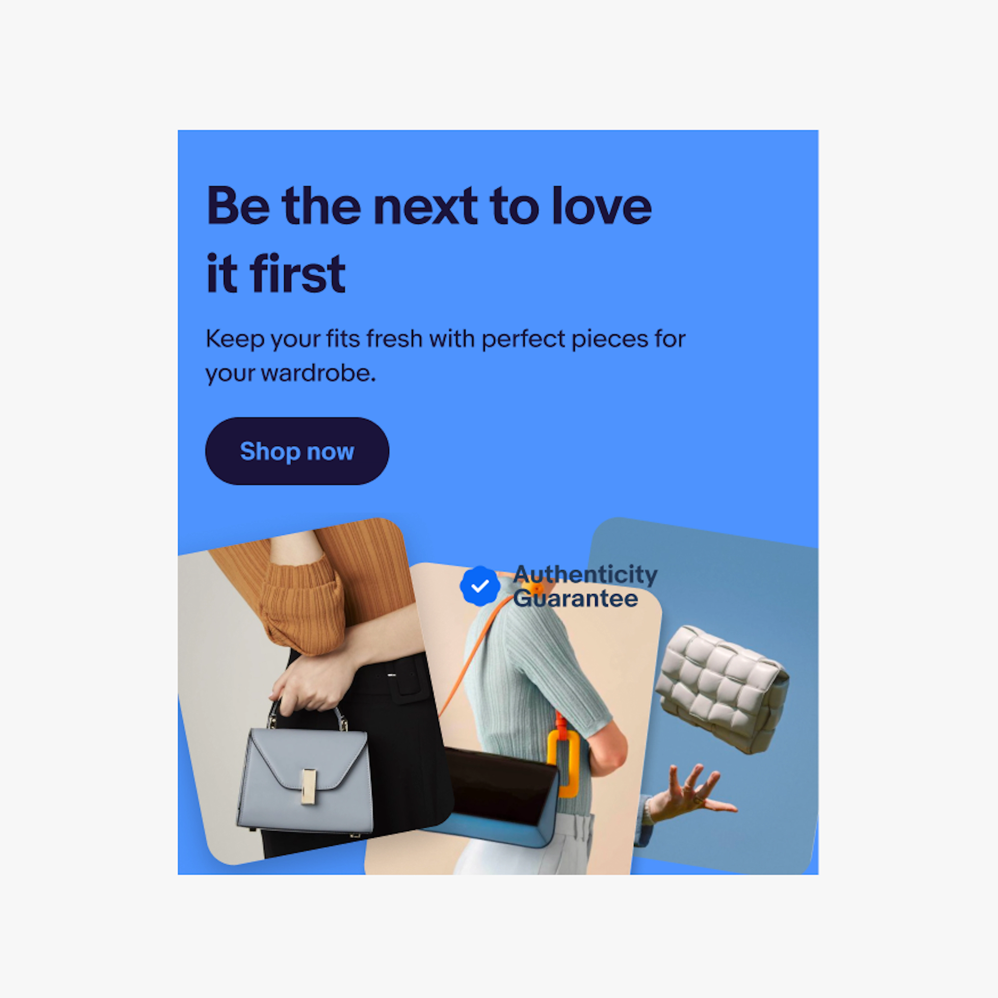 Coral banner with a title, body copy and button. In this version, the checkmark icon and “Authenticity Guarantee” is overlapping the image and baked into the photo.