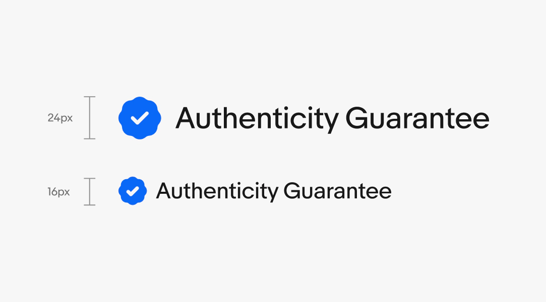 Two program badge lockups. Both have a rosette checkmark icon and “Authenticity Guarantee” text. The top one is a 24px lockup, and the bottom is a 16px lockup.