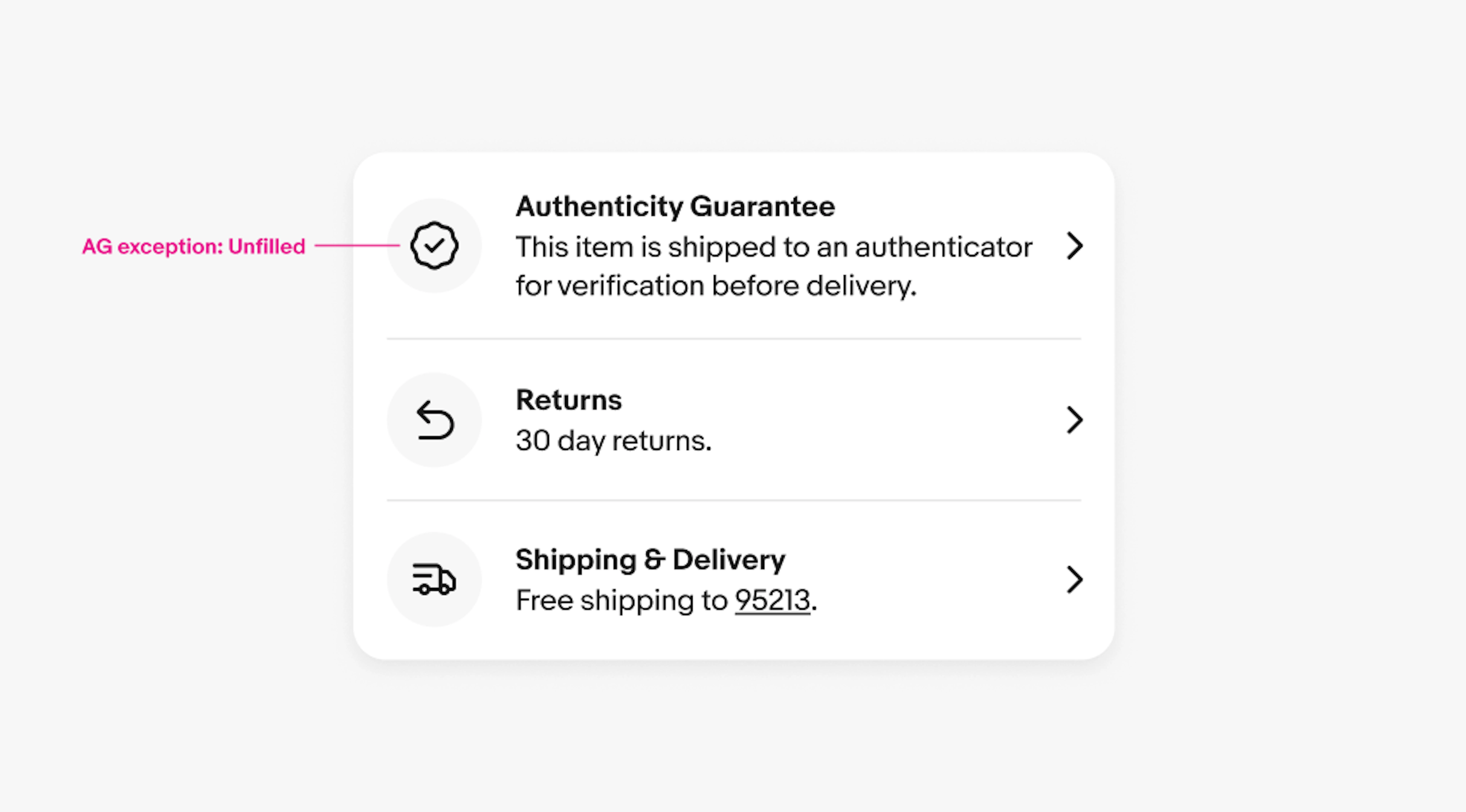 Three rows of icons stacked with descriptions and chevrons. The first row is Authenticity Guarantee, the second is Returns, and the third is Shipping & Delivery. All icons are black.