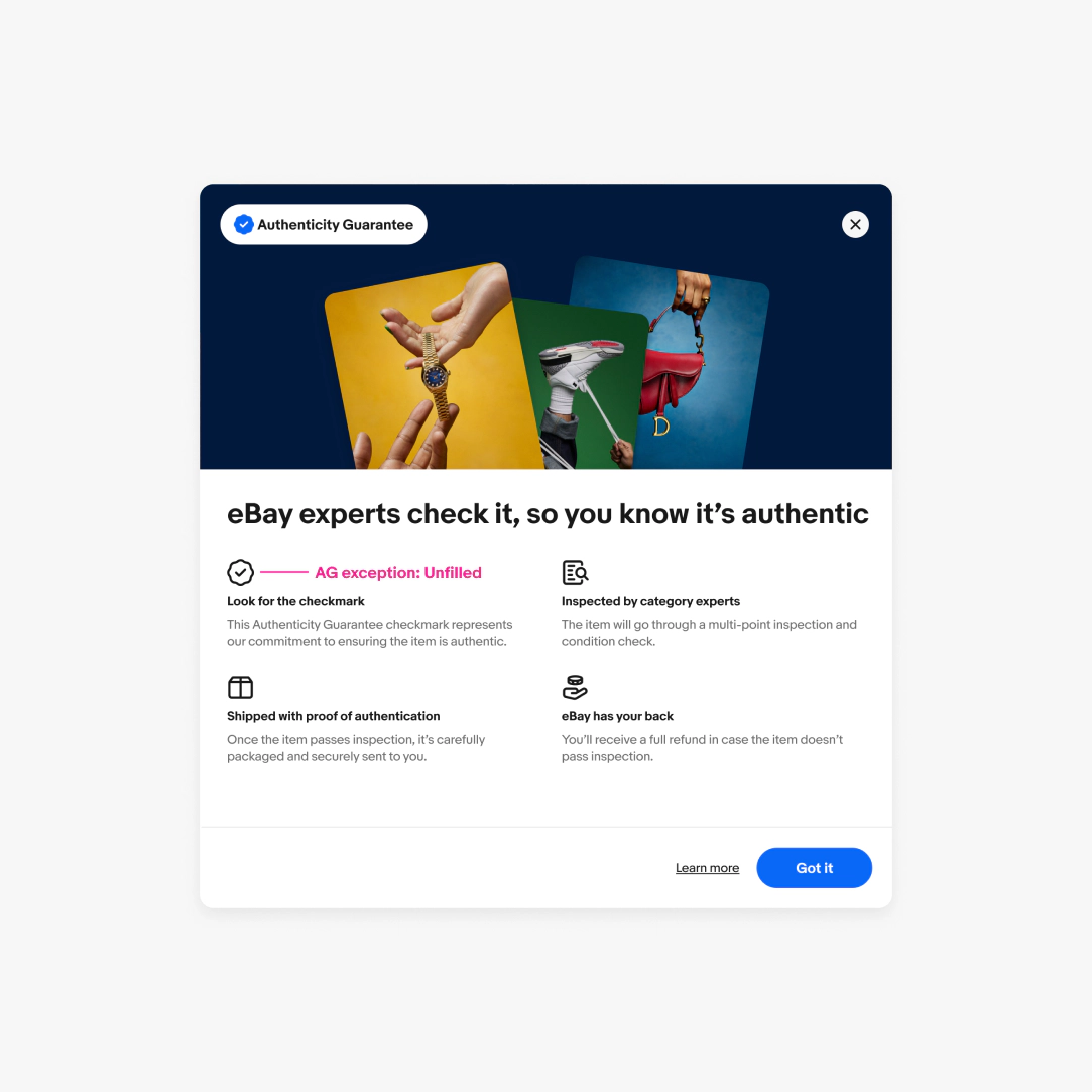 An Authenticity Guarantee educational modal focused on explaining details.