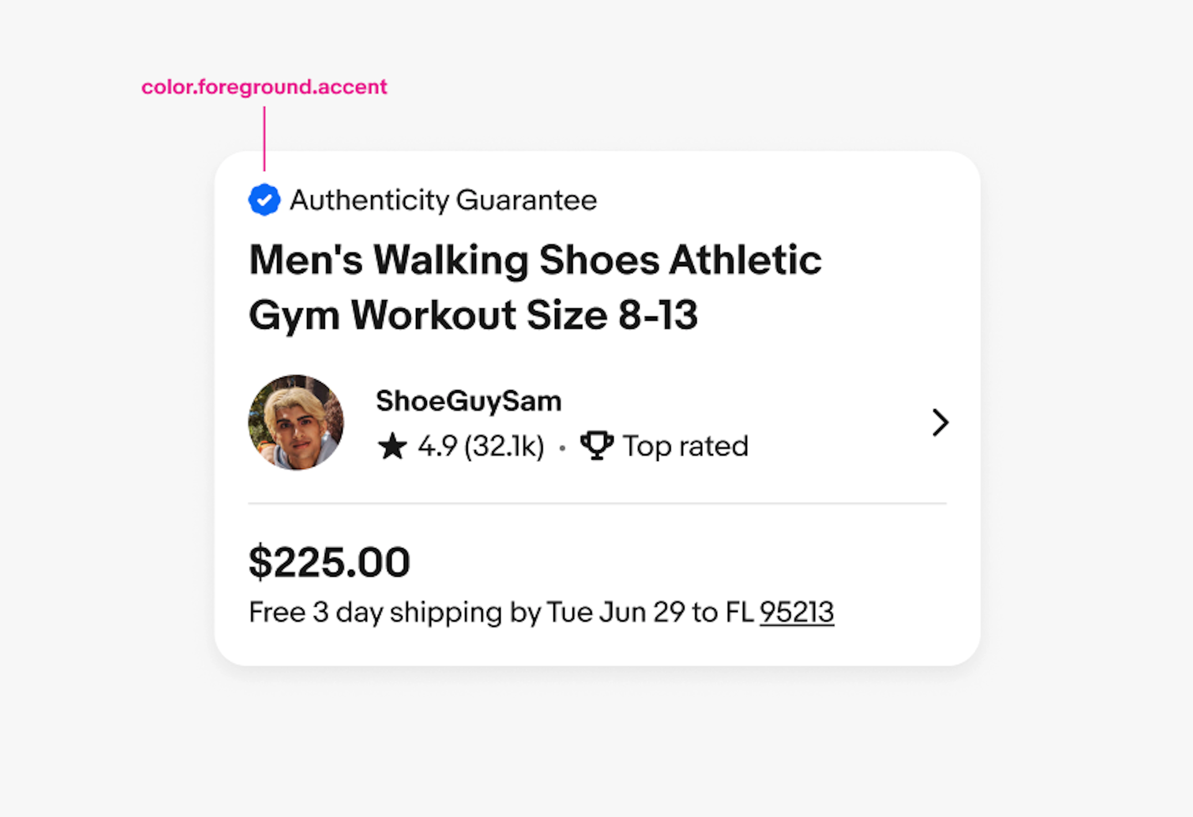 An Authenticity Guarantee program badge placed above an item title. The icon is blue.
