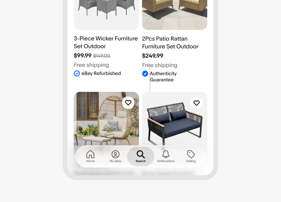 A search results page for outdoor furniture. One of the item tiles has a wrapping program name with text left-aligned on the right side of the icon.
