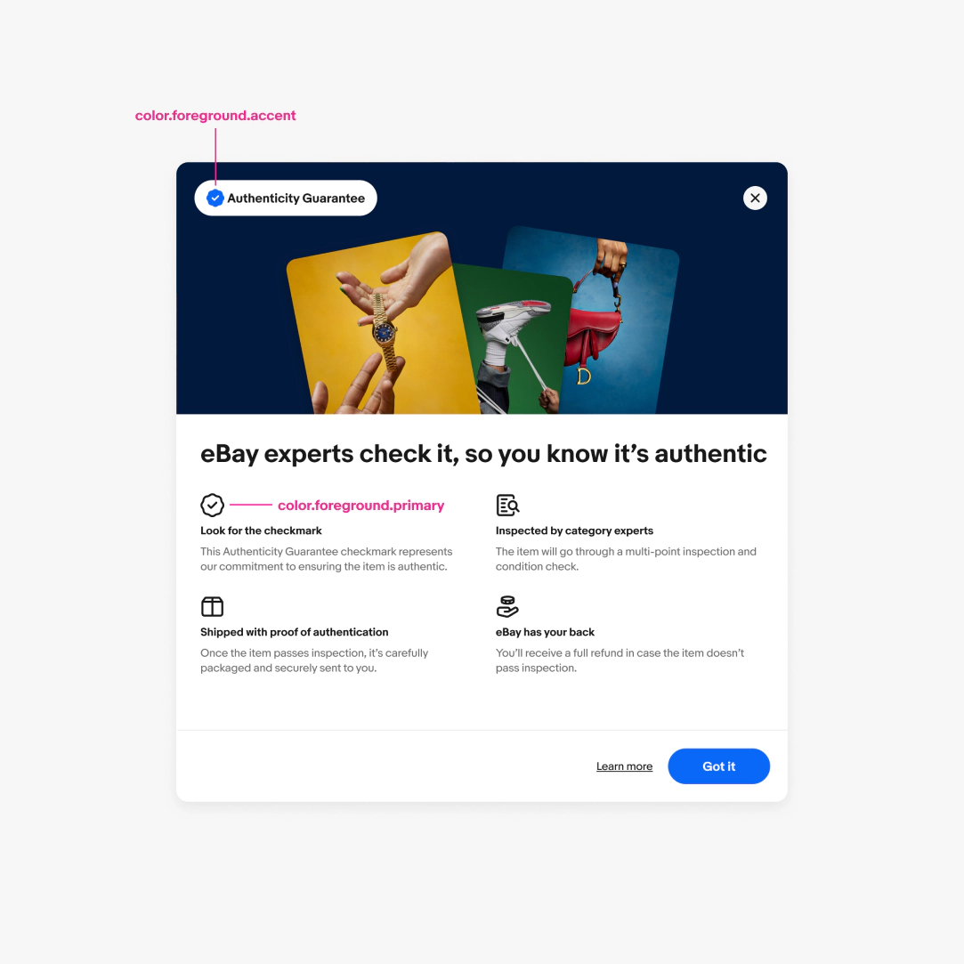 An Authenticity Guarantee educational modal focused on explaining details.