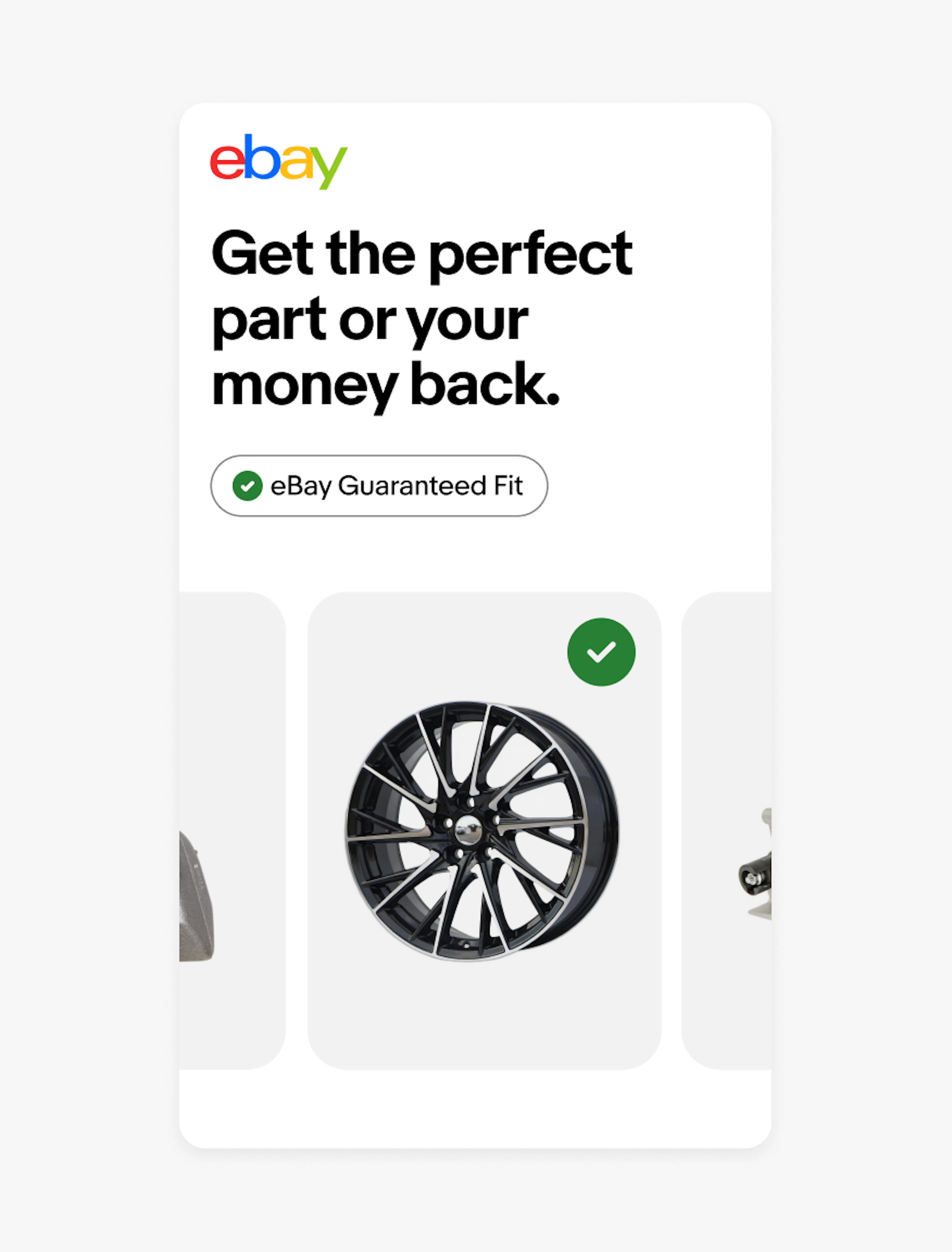 An out-of-home eBay ad with a filled eBay Guaranteed Fit program badge lockup inside of a pill shape. A filled icon is also placed on top of an image of a tire rim.