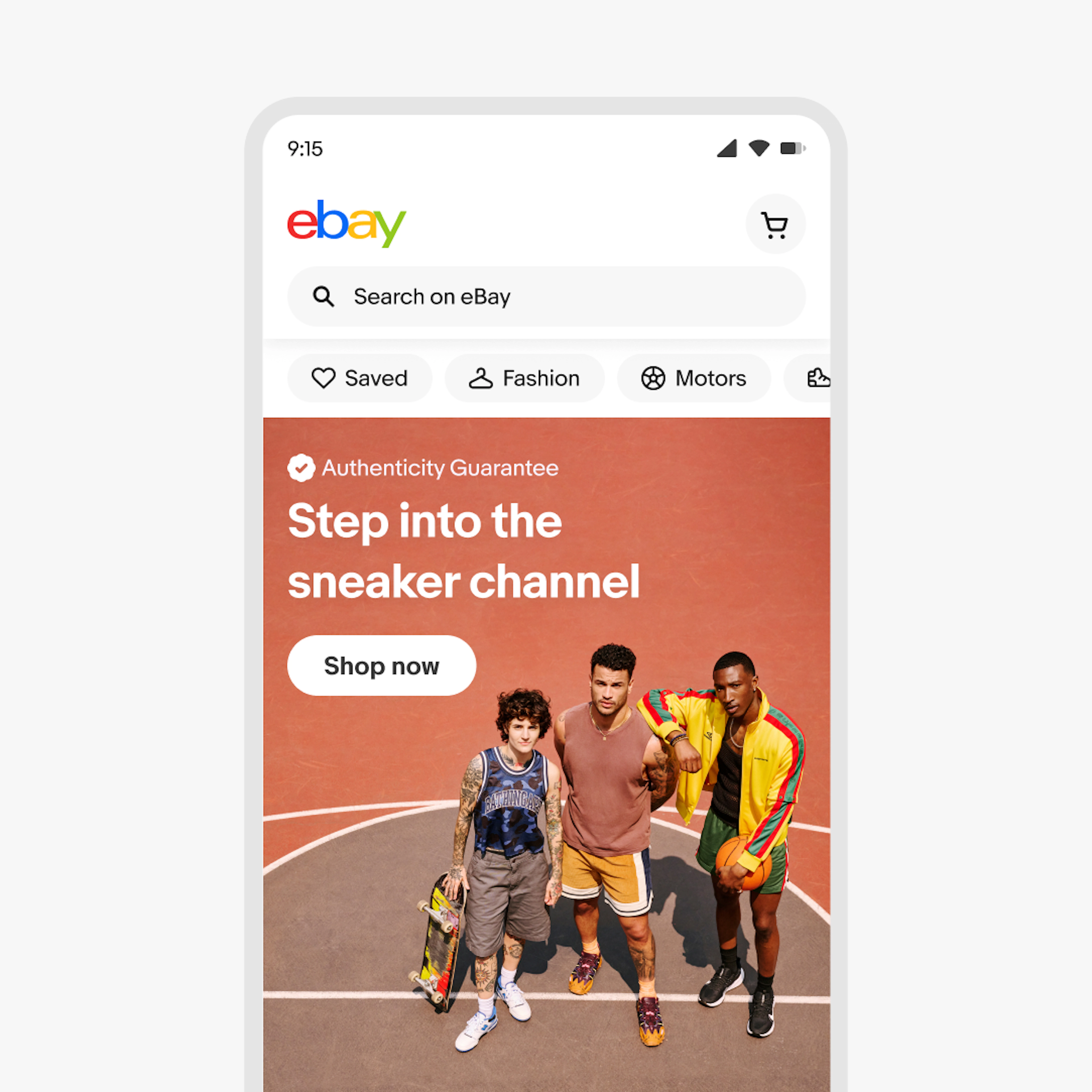 A home page mobile design with Authenticity Guarantee in the overline of a banner.