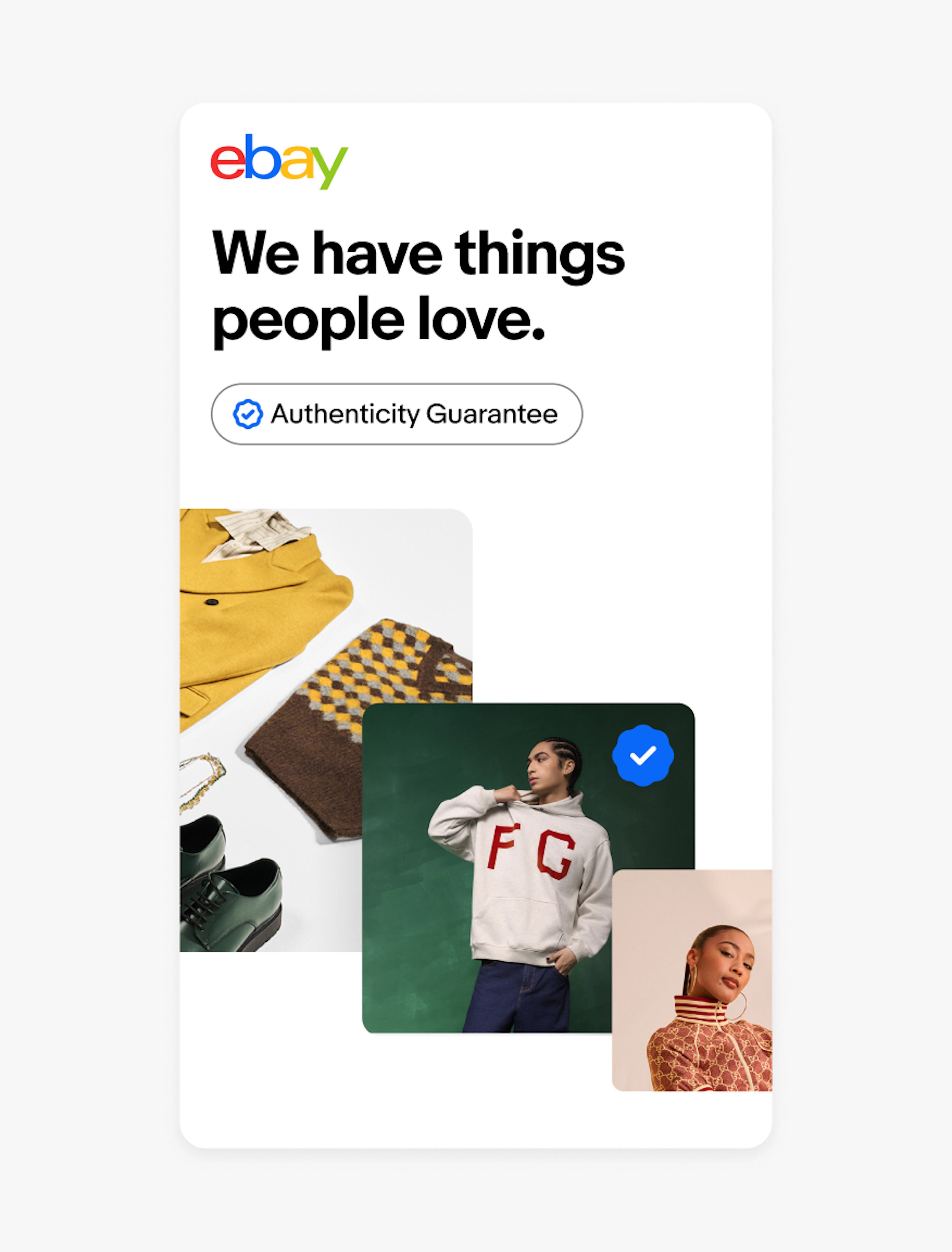 An ad with a filled rosette checkmark icon placed on top of a stack of fashion images. An unfilled version of the icon is used in a program badge lockup within a pill shape towards the top.