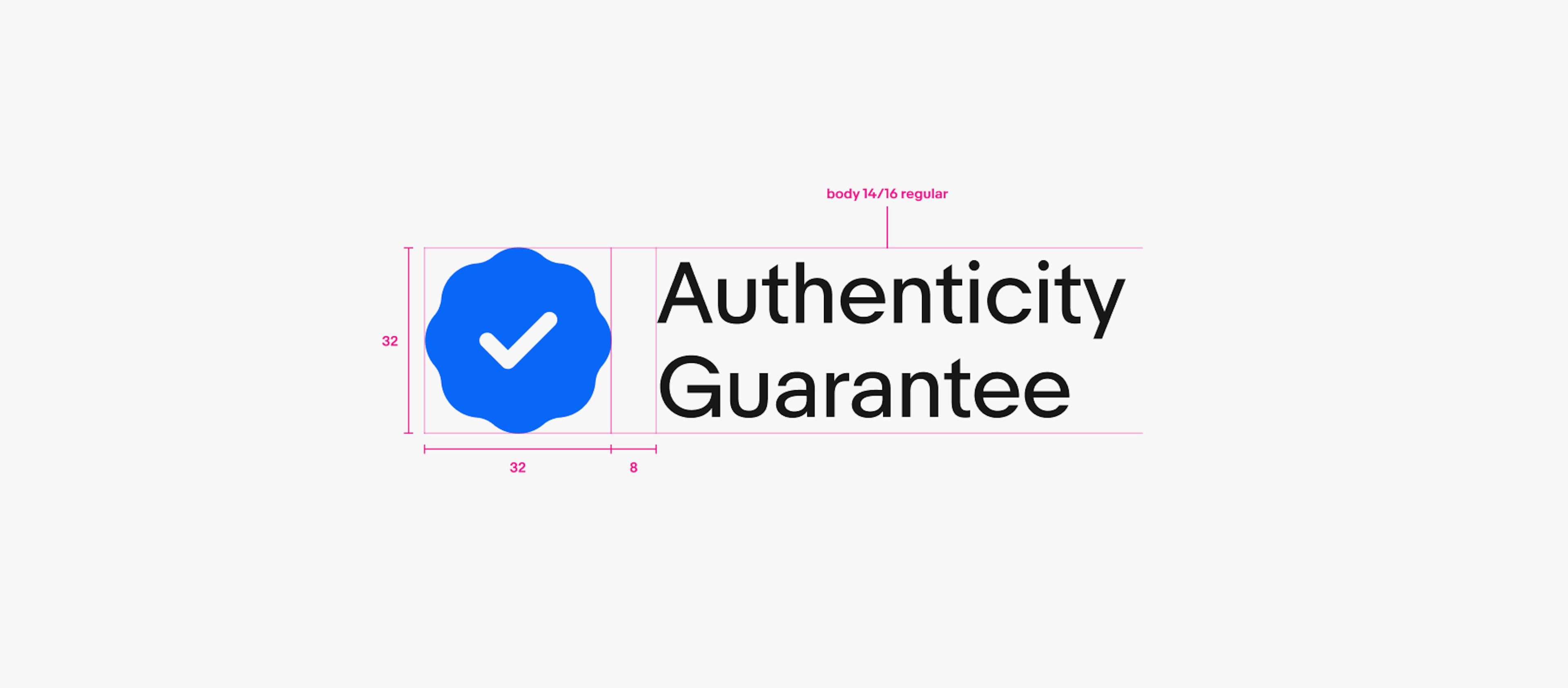 A detailed spec of a double line program badge lockup. From left to right is a 32px icon, 8px of space, and text using an altered body - 14/16 regular text style.