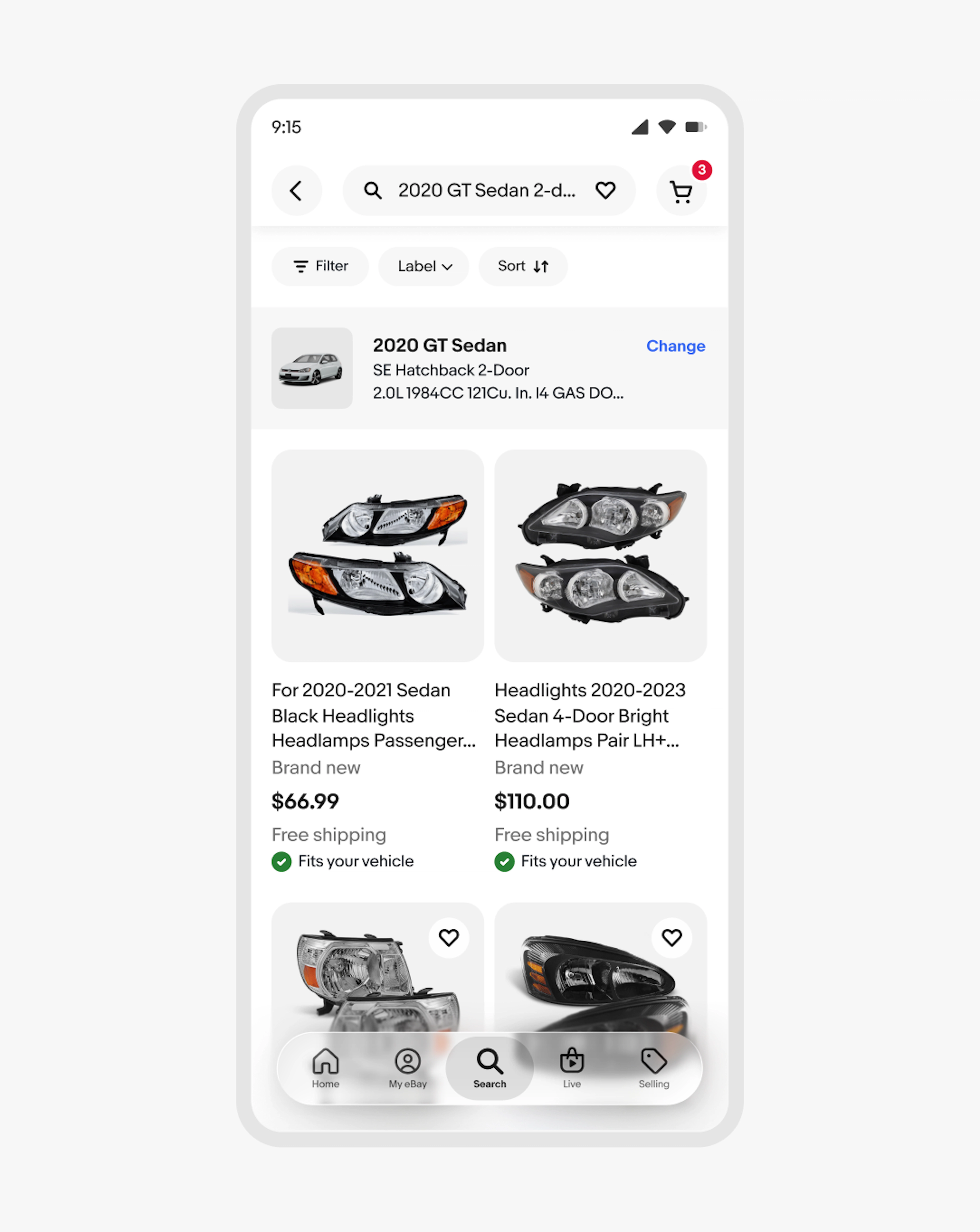 A phone screen with a search results page of car headlights. The item tiles have a confirmation indicator with the text “Fits your vehicle”.