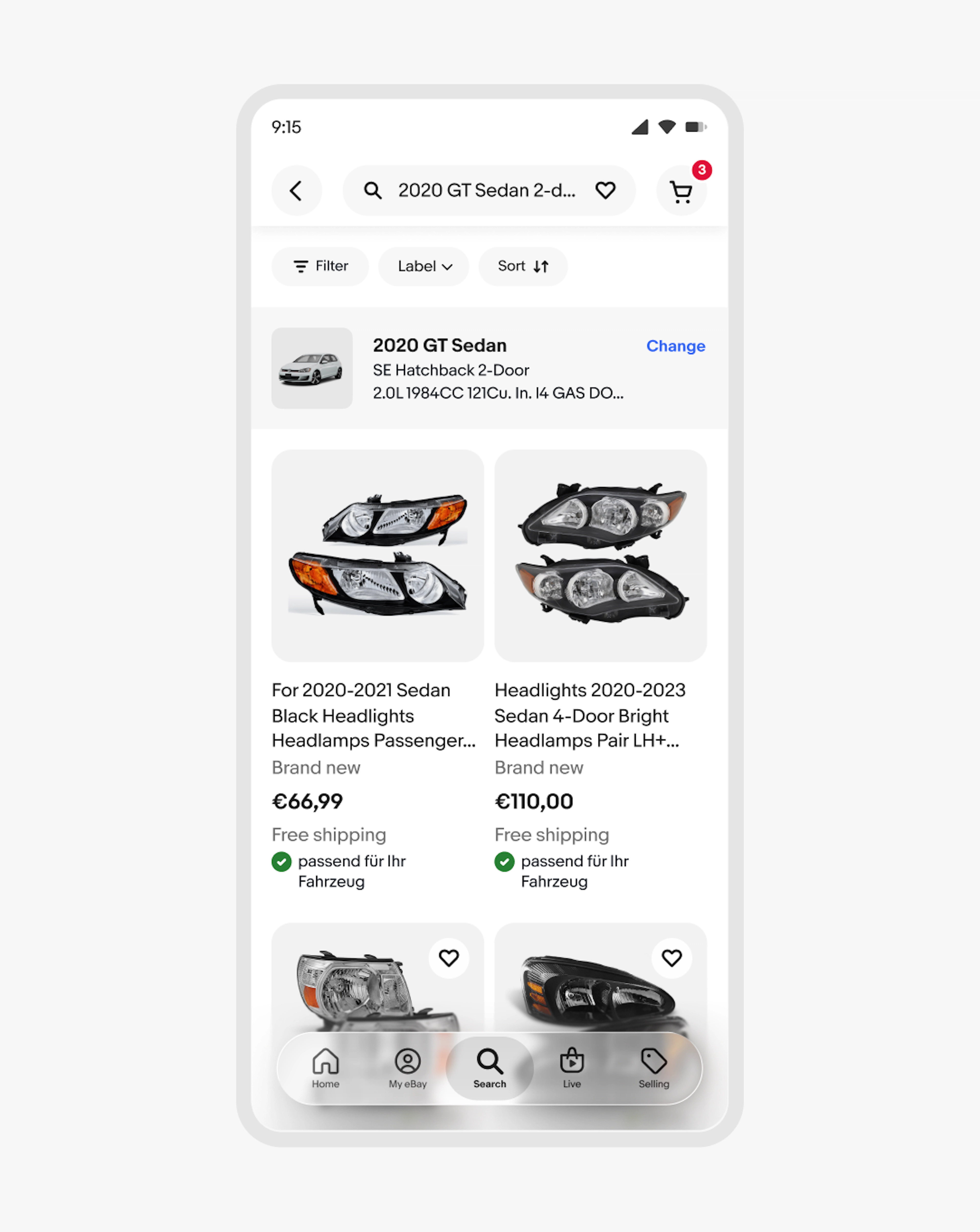 A phone screen with a search results page of car headlights. The item tiles have a confirmation indicator with wrapping text in German.