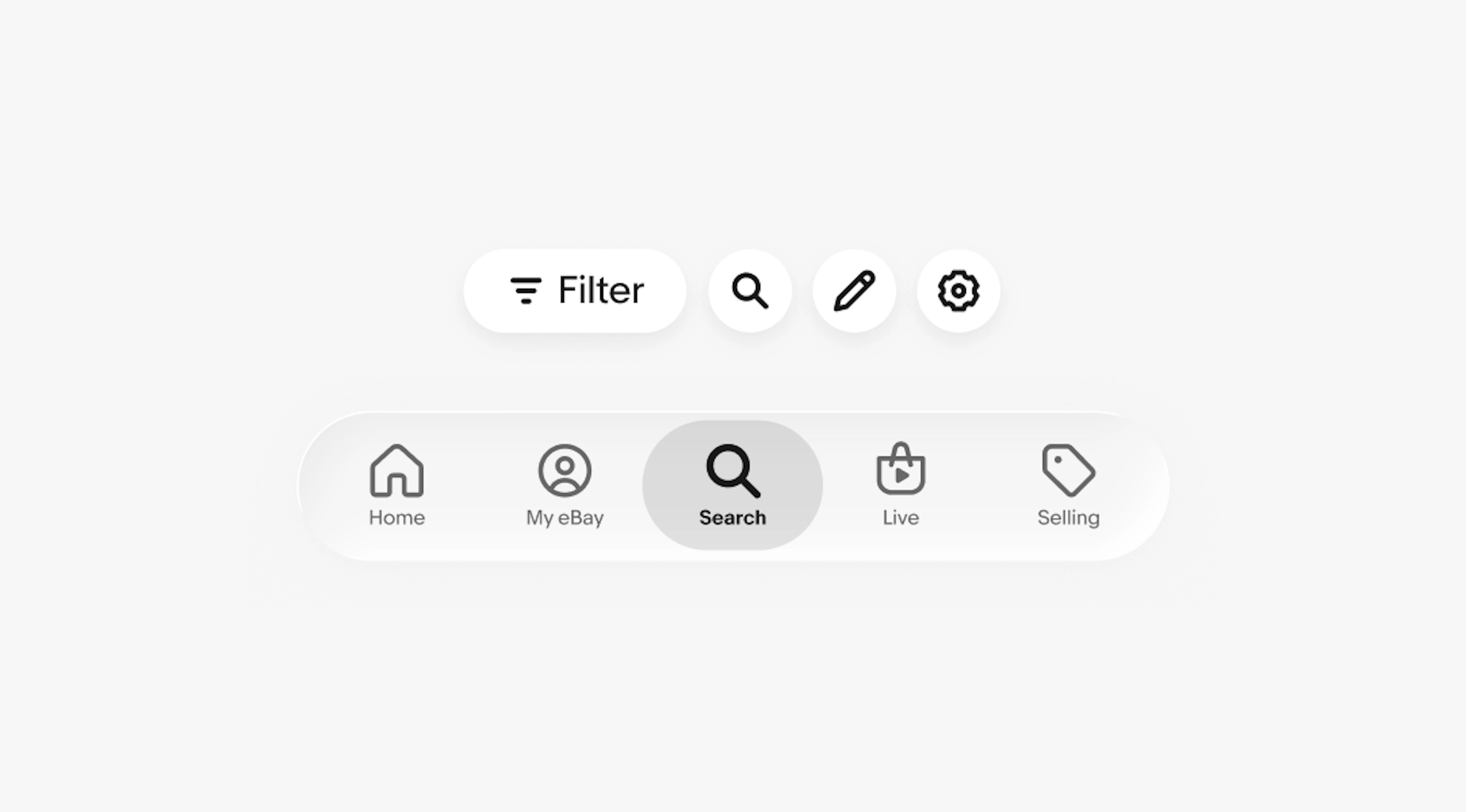 Two rows of icons. The top row contains 16px icons. From left to right is filter, search, edit, settings. The bottom row contains 24px icons. The icons are in a bottom nav bar. From left to right are home, my ebay, search, notification, selling.