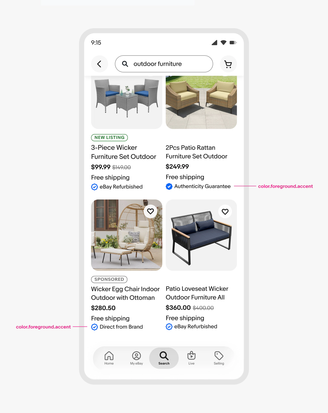 A search results page for outdoor furniture. Each item tile has a program badge lockup with black icons.