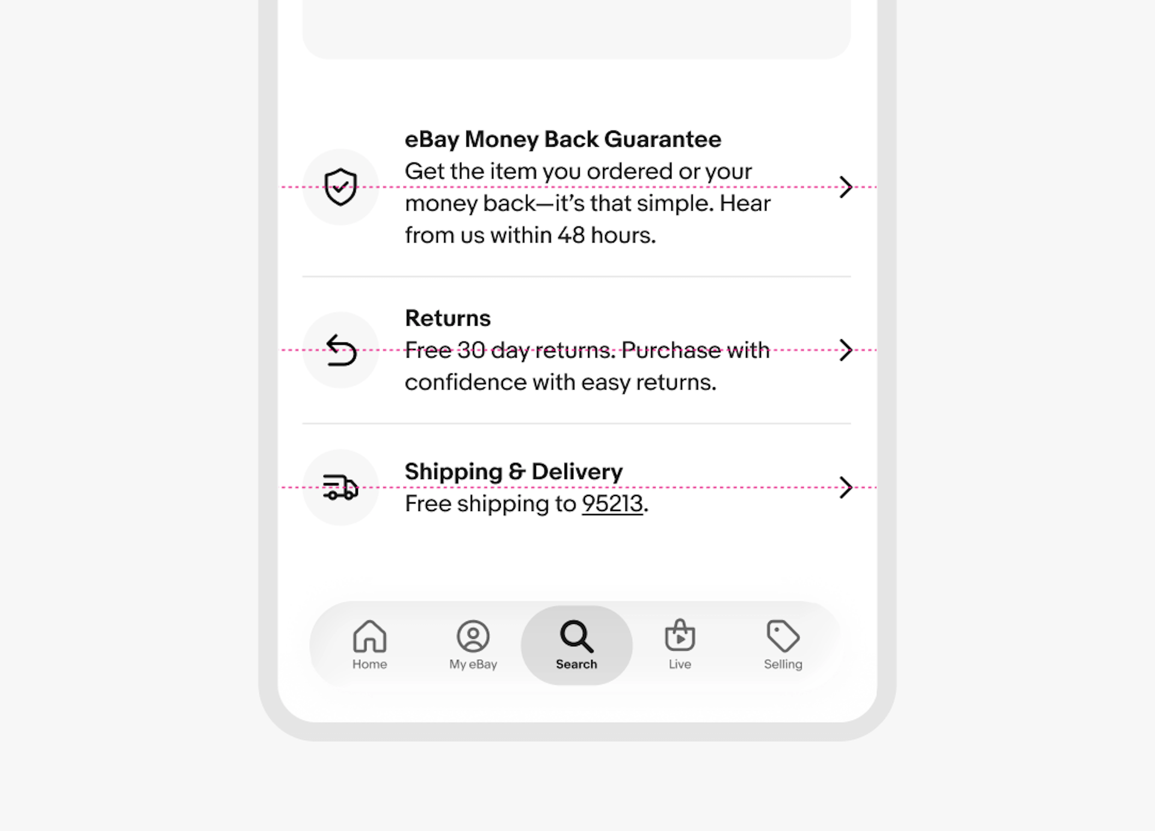 Three rows of icons, description text, and chevrons. The first row has 4 lines of text and the icon is top aligned. The second row has 3 lines of text and the icon is top aligned. The third row has two lines of text and the icon is center middle-aligned.