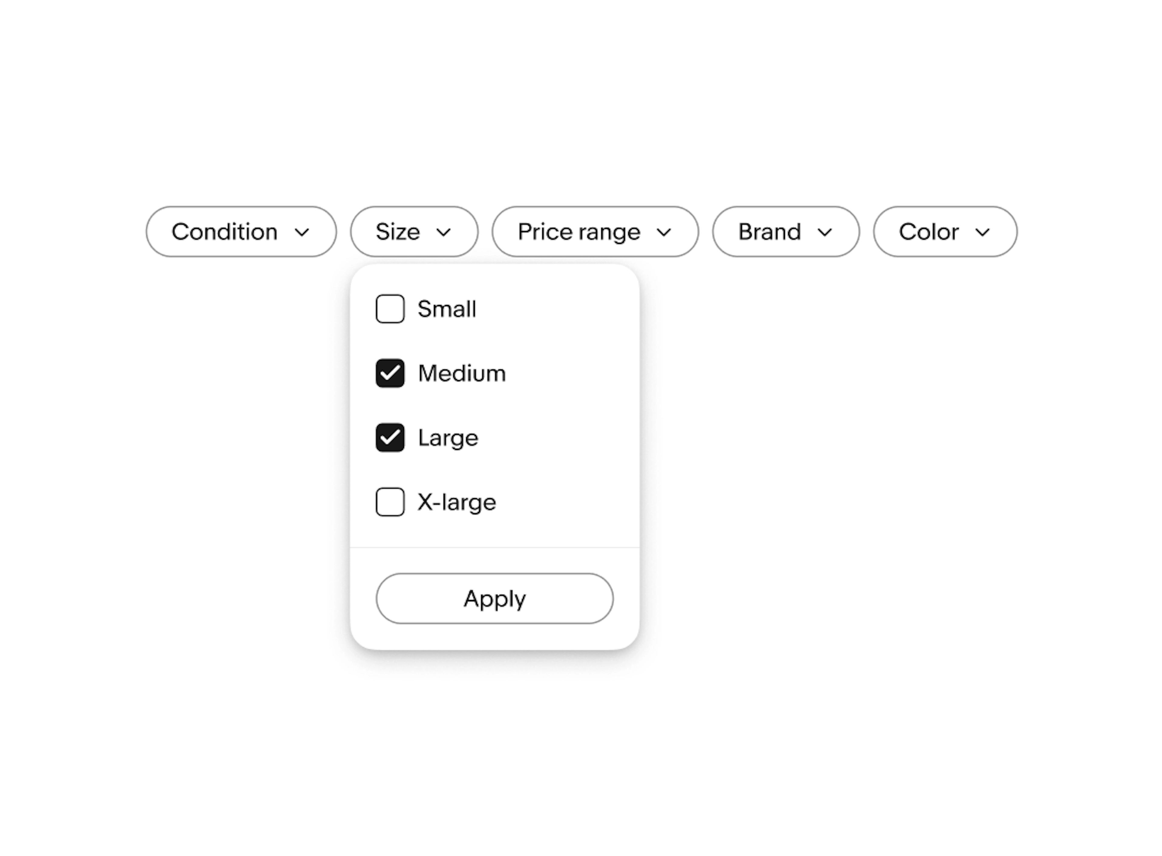 Five filter chips labeled: Condition, Size, Price range, Brand, and Color. The Size dropdown is expanded, displaying checkboxes for different size options: Small (unchecked), Medium (checked), Large (checked), and X-large (unchecked). At the bottom of the dropdown is an "Apply" button to confirm the size selection.