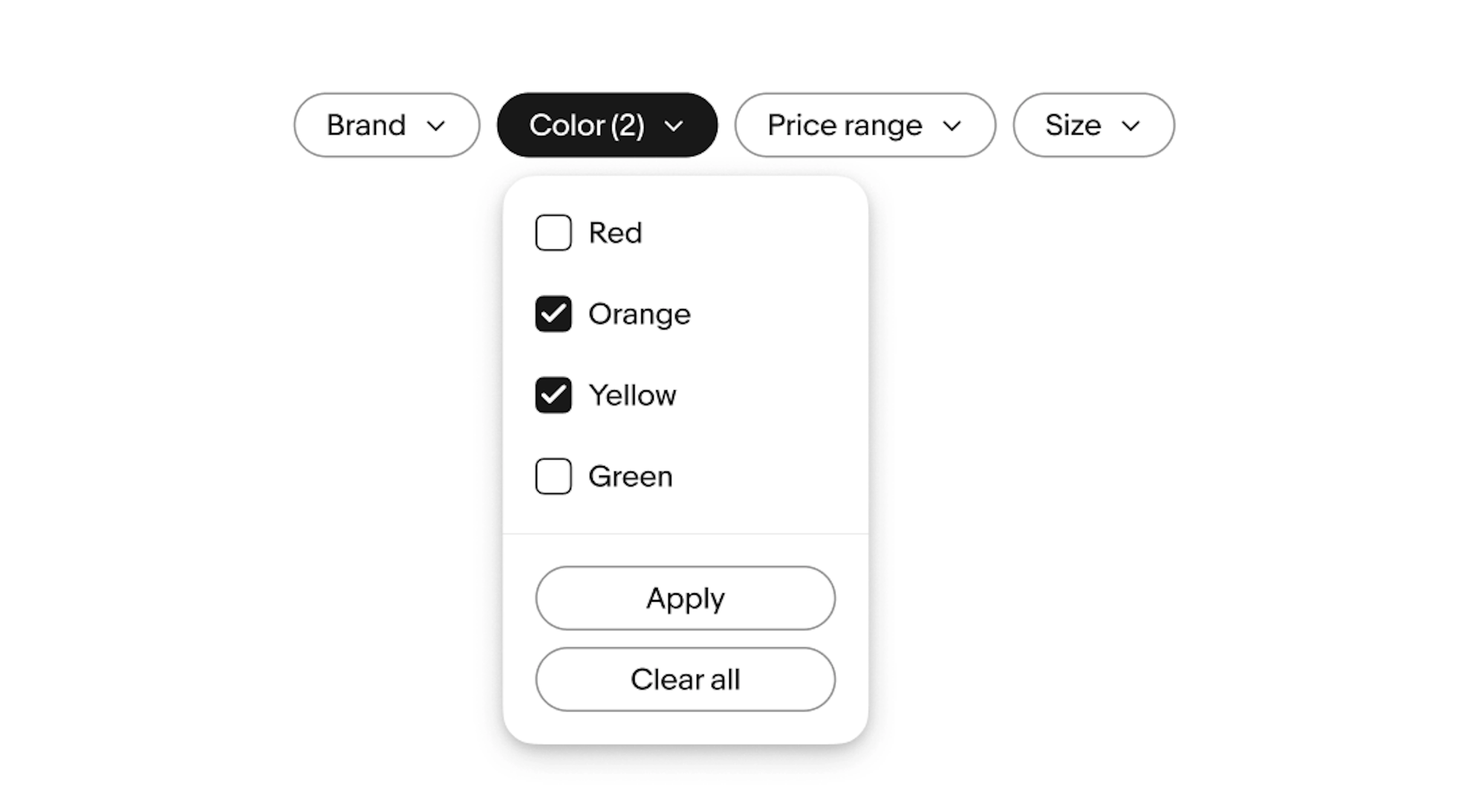 Four filter chips labeled: Brand, Color, Price range and Size. The Color dropdown is expanded, displaying checkboxes for different size options: Red  (unchecked), Orange (checked), Yellow (checked), and Green (unchecked). At the bottom of the dropdown is an "Apply" button to confirm the size selection and a “Clear all” button. 