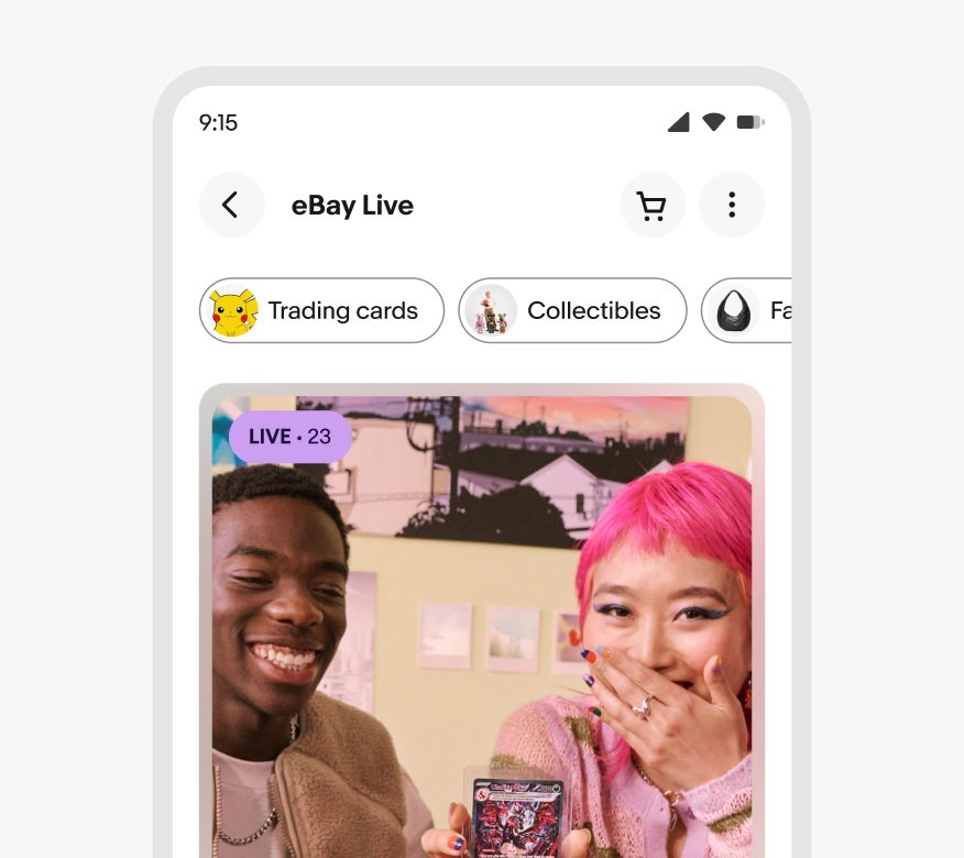 eBay live page on a mobile screen with several expressive filter chips
