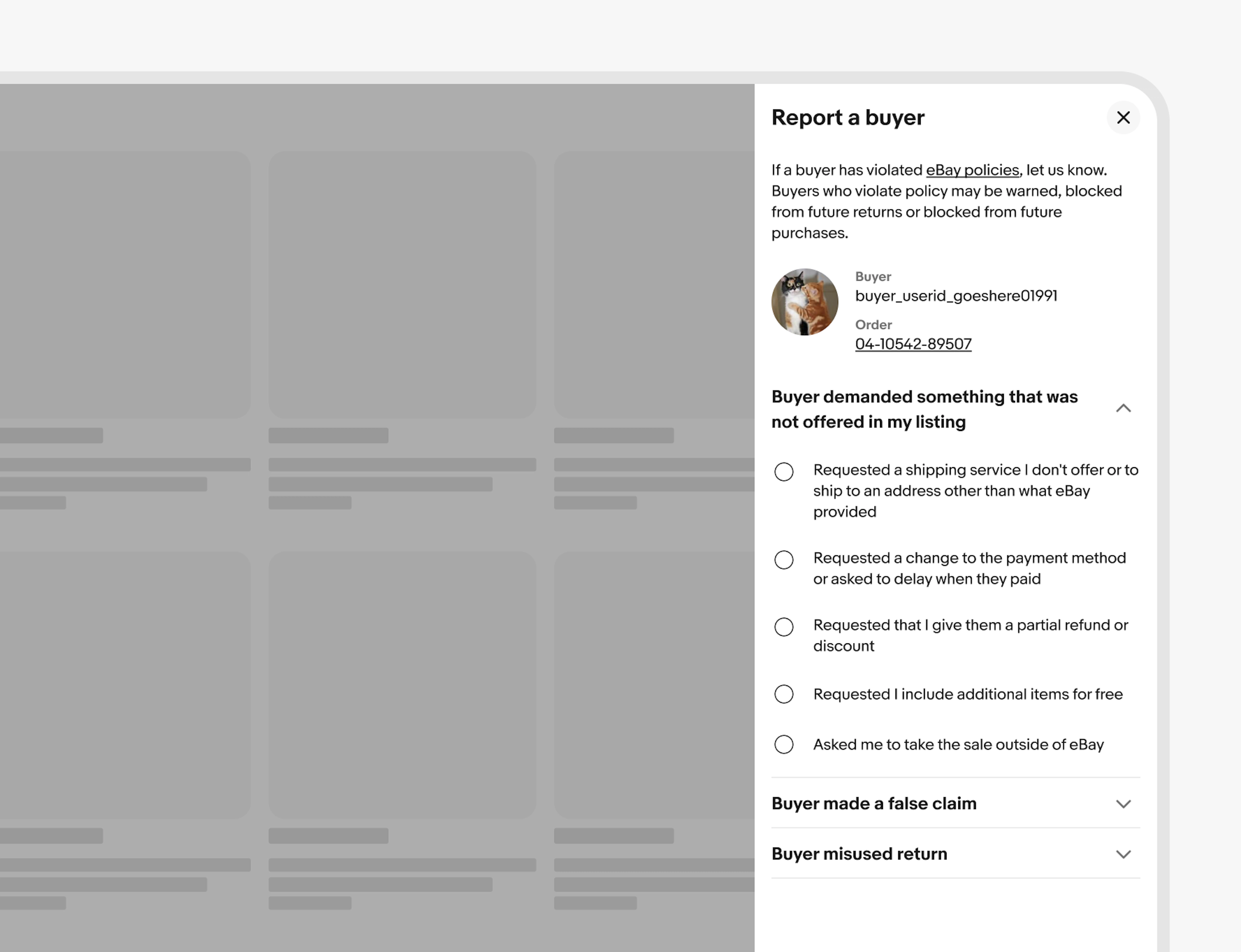 A Report a buyer panel on the right side of a screen.