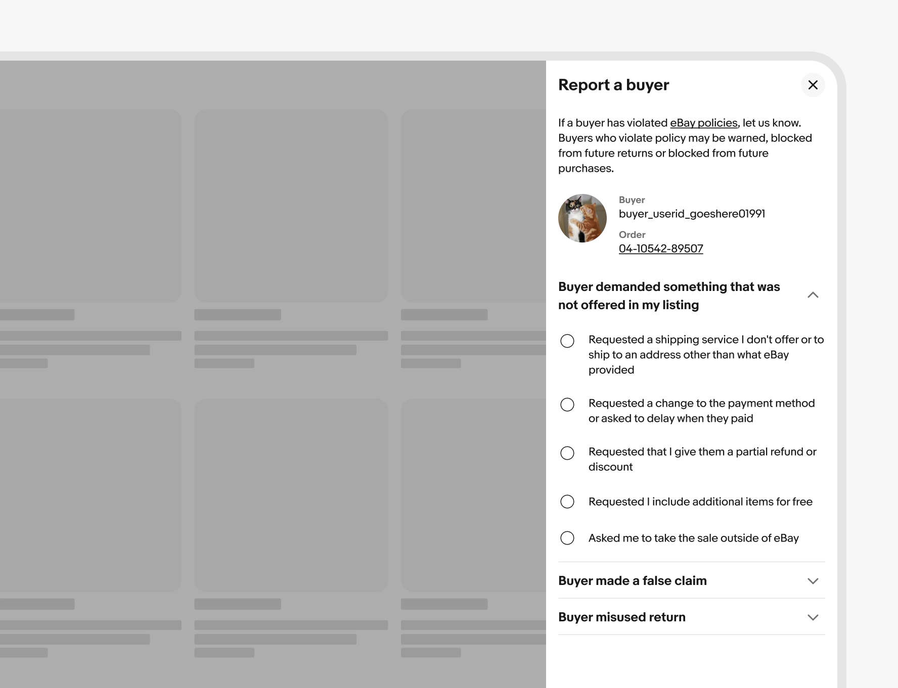 A Report a buyer panel on the right side of a screen.