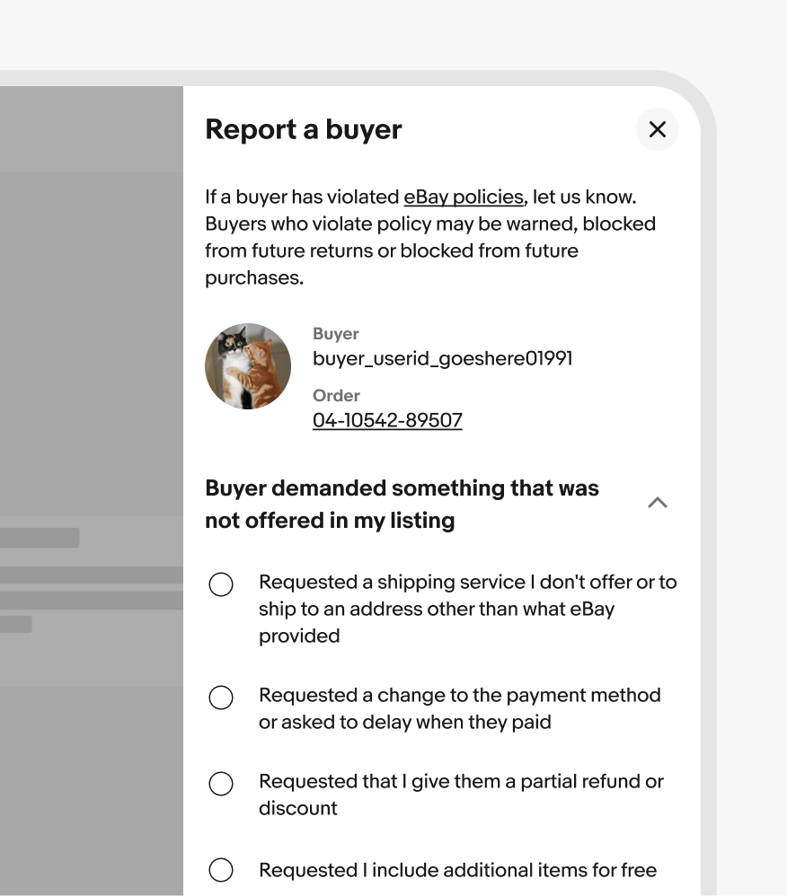 A Report a buyer modal panel.