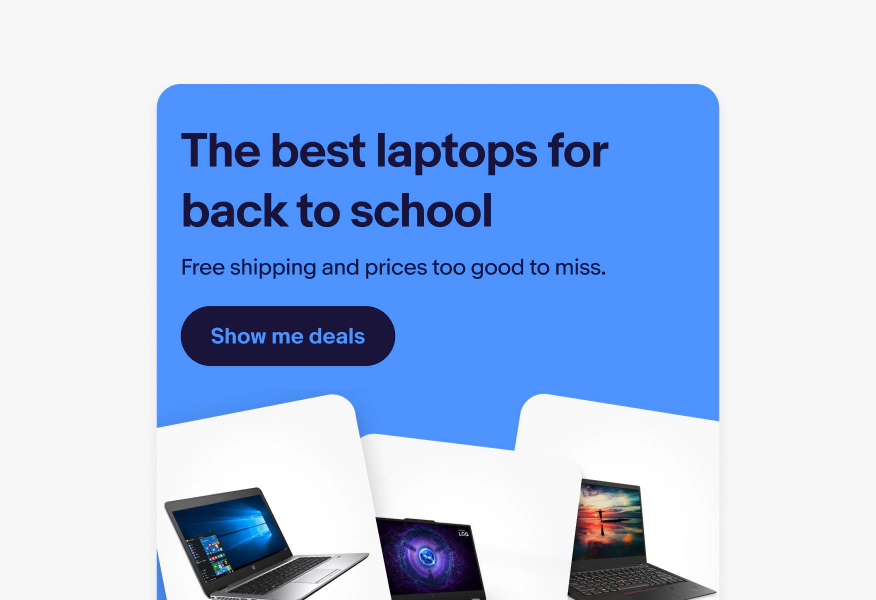 A banner using the indigo theme. The button text is succinct with “Show me the deals”.
