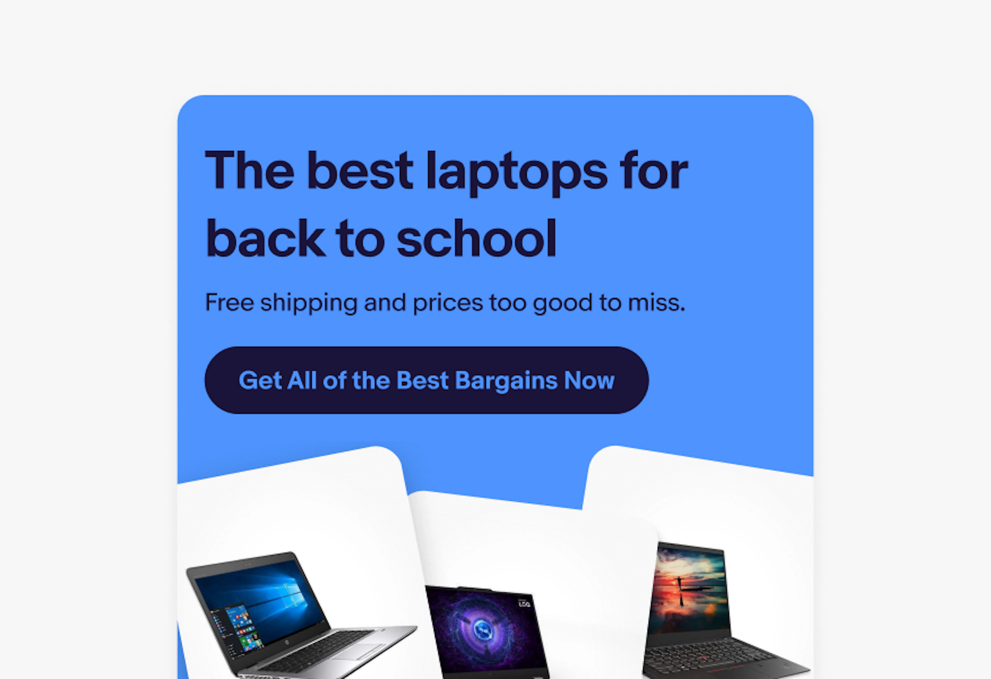 A banner using the indigo theme. The button text is long with “Get all of the best bargains now”.