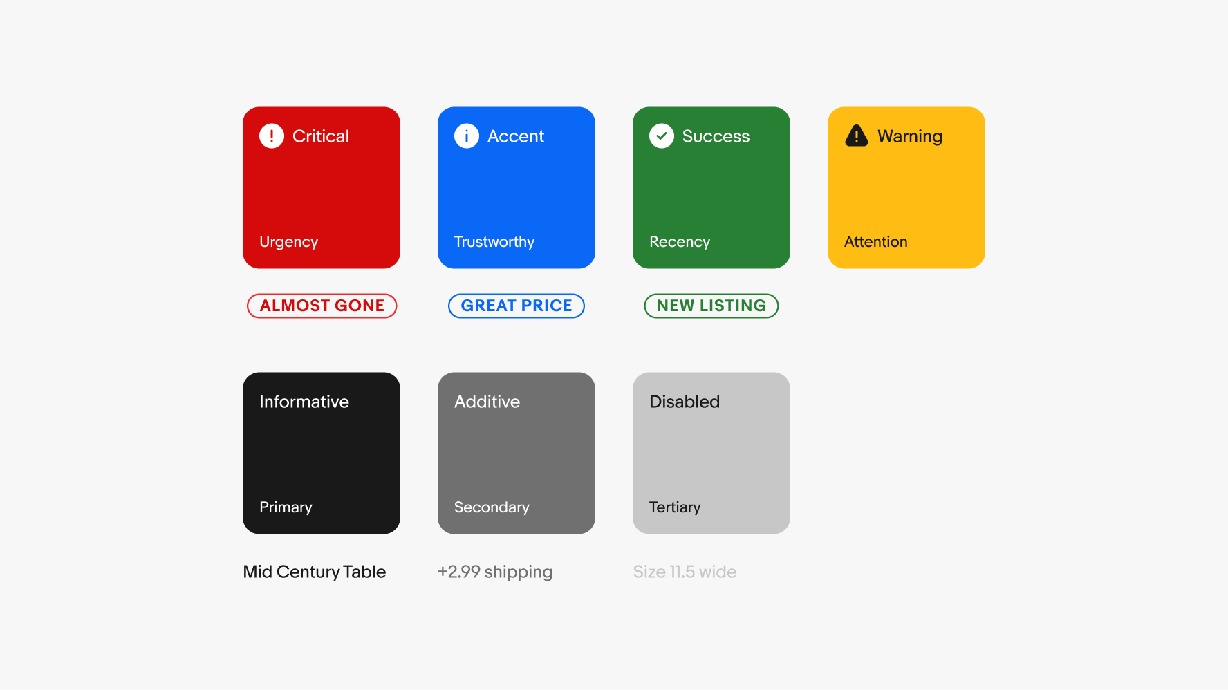 Red: Critical, Urgency, Almost gone. Blue: Accent, Trustworthy, Great price. Green: Success, Recency, New Listing. Yellow: Warning, Attention. Black: Informative, Primary. Gray: Additive, Secondary. Light gray: Disabled, Tertiary. 