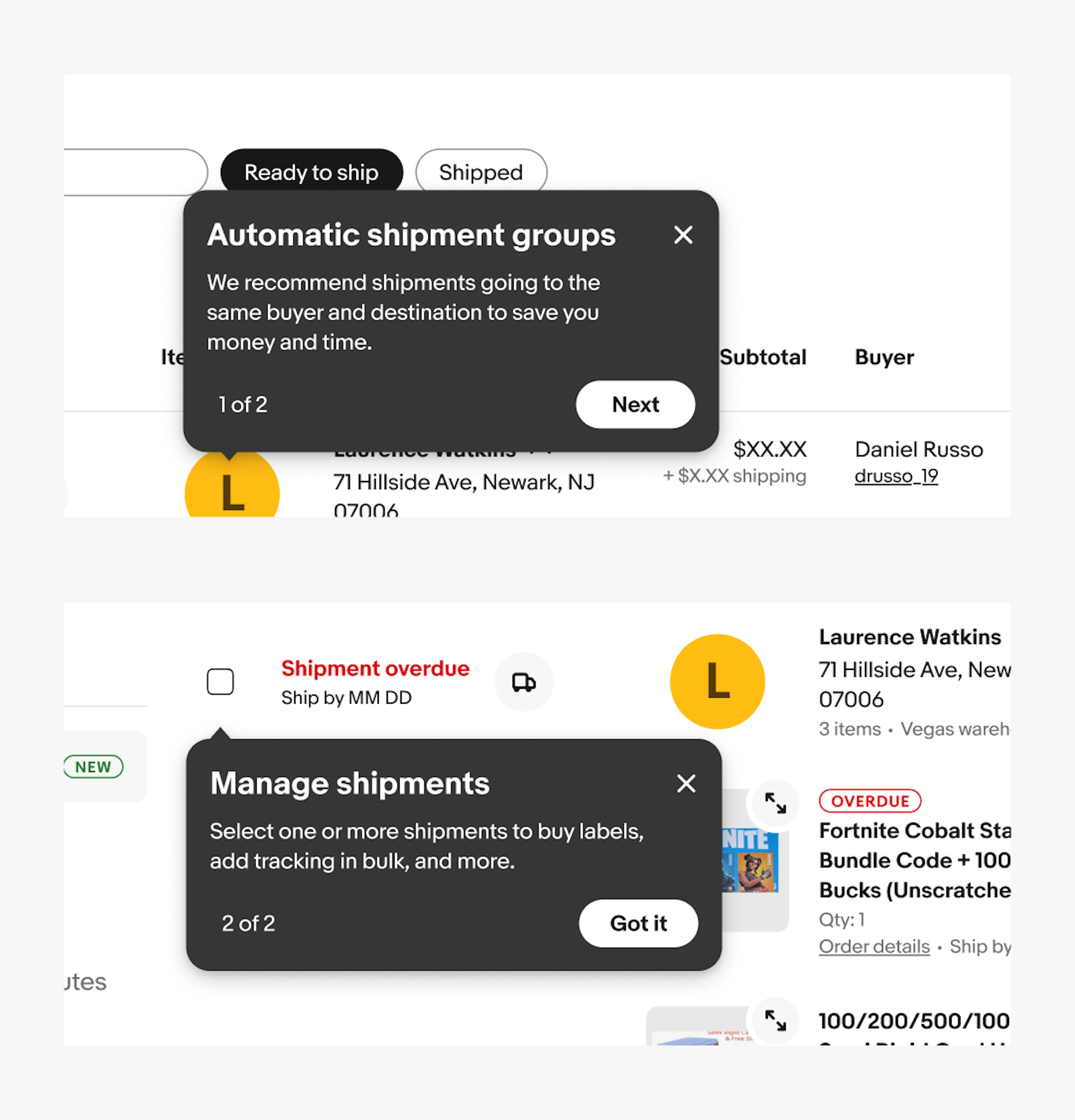 A multi-step tourtip under a “Ready to ship” button. The title reads “Automatic shipment groups”. The subhead is “We recommend shipments going to the same buyer and destination to save you money and time.” The sequence index is “1 of 2” and button is “Next”. A second tourtip under “Shipment overdue” is present. The title reads “Manage shipments”. The subhead is “Select one or more shipments to buy labels, add tracking in bulk, and more.” The sequence index is “2 of 2” and button is “Got it”.